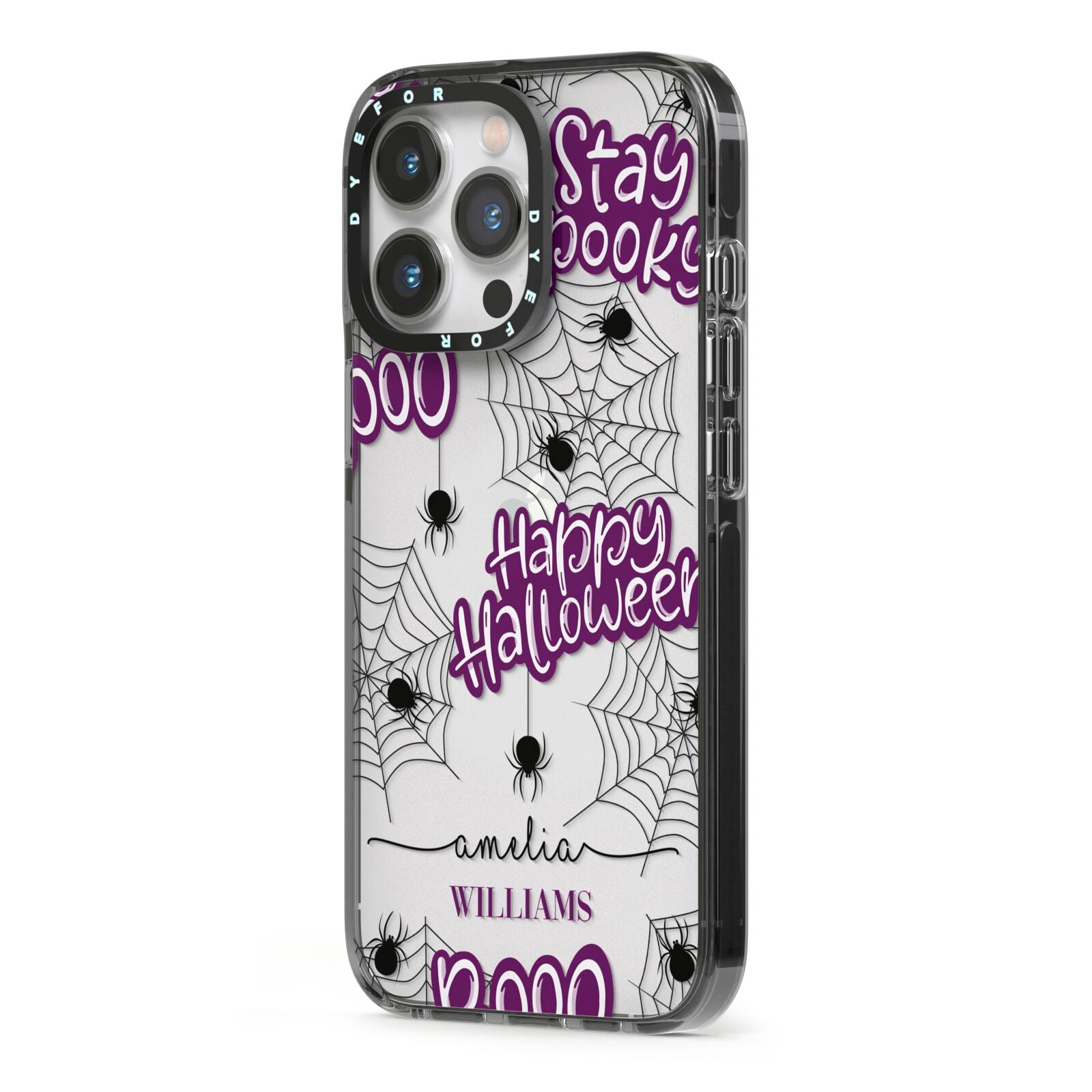 Purple Halloween Catchphrases iPhone 13 Pro Black Impact Case Side Angle on Silver phone