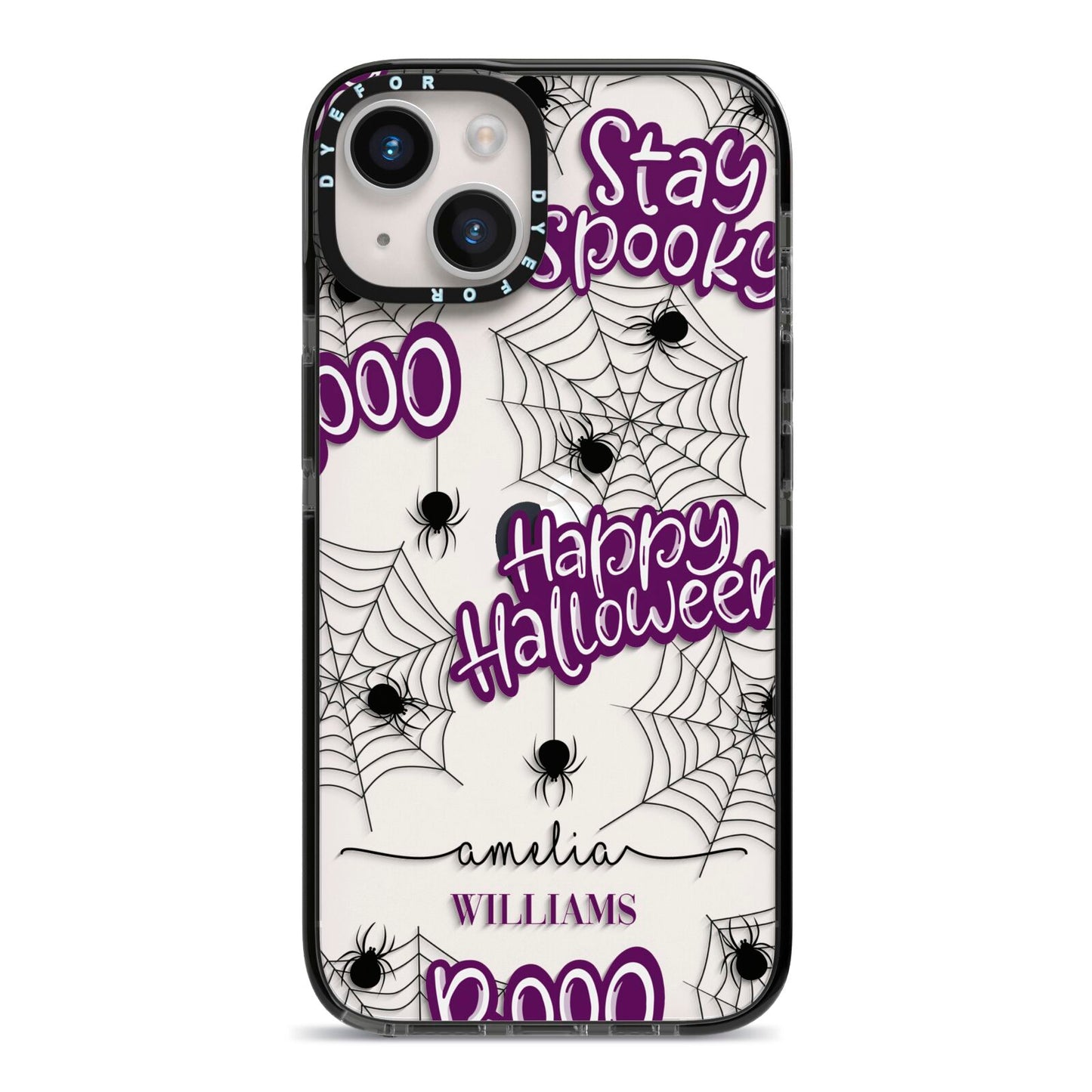 Purple Halloween Catchphrases iPhone 14 Black Impact Case on Silver phone