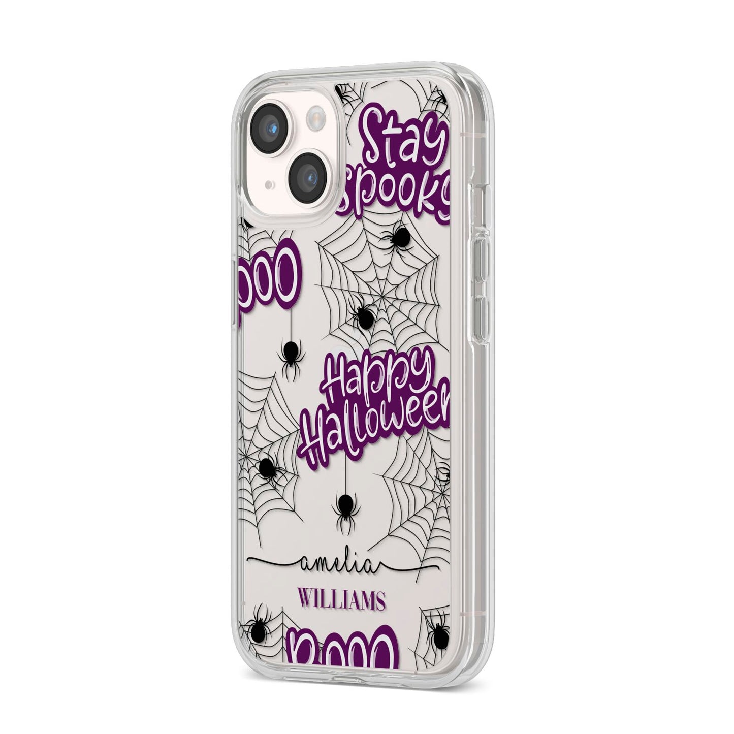 Purple Halloween Catchphrases iPhone 14 Clear Tough Case Starlight Angled Image