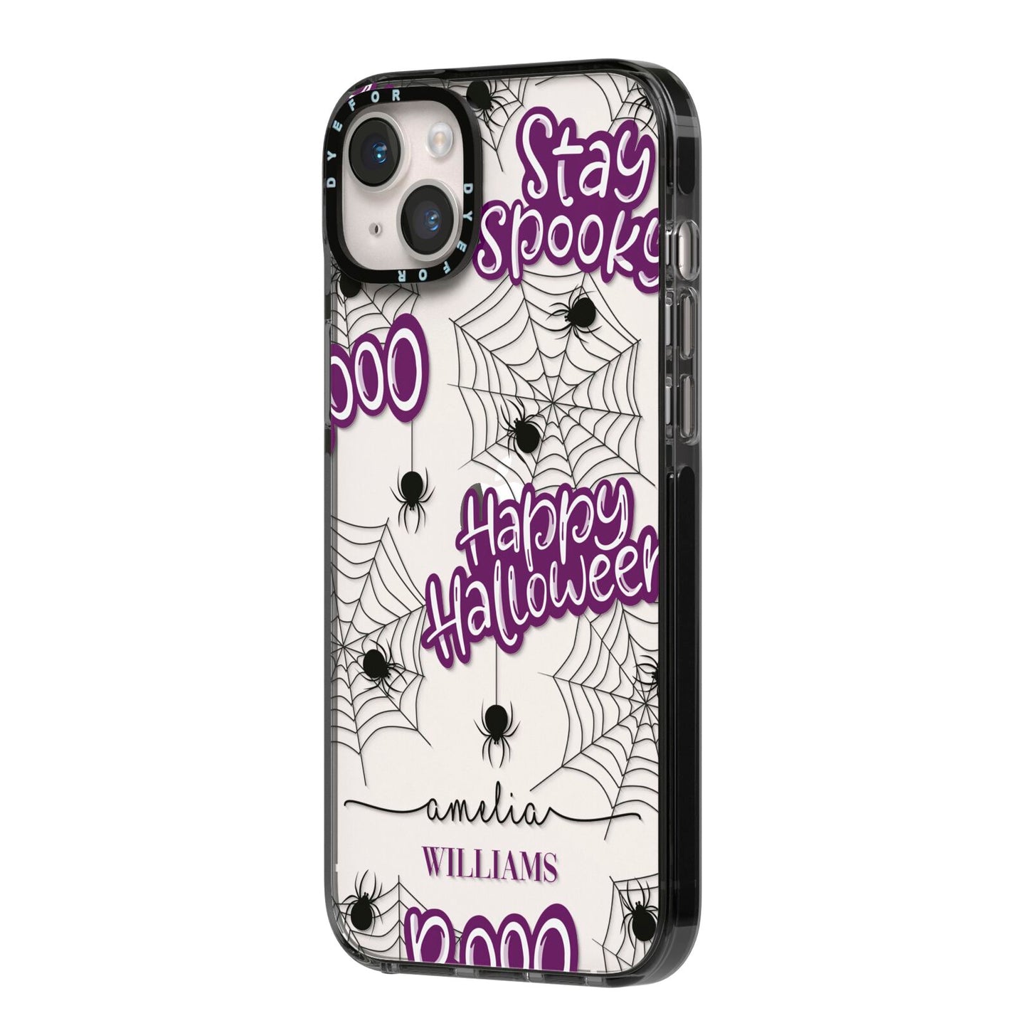 Purple Halloween Catchphrases iPhone 14 Plus Black Impact Case Side Angle on Silver phone