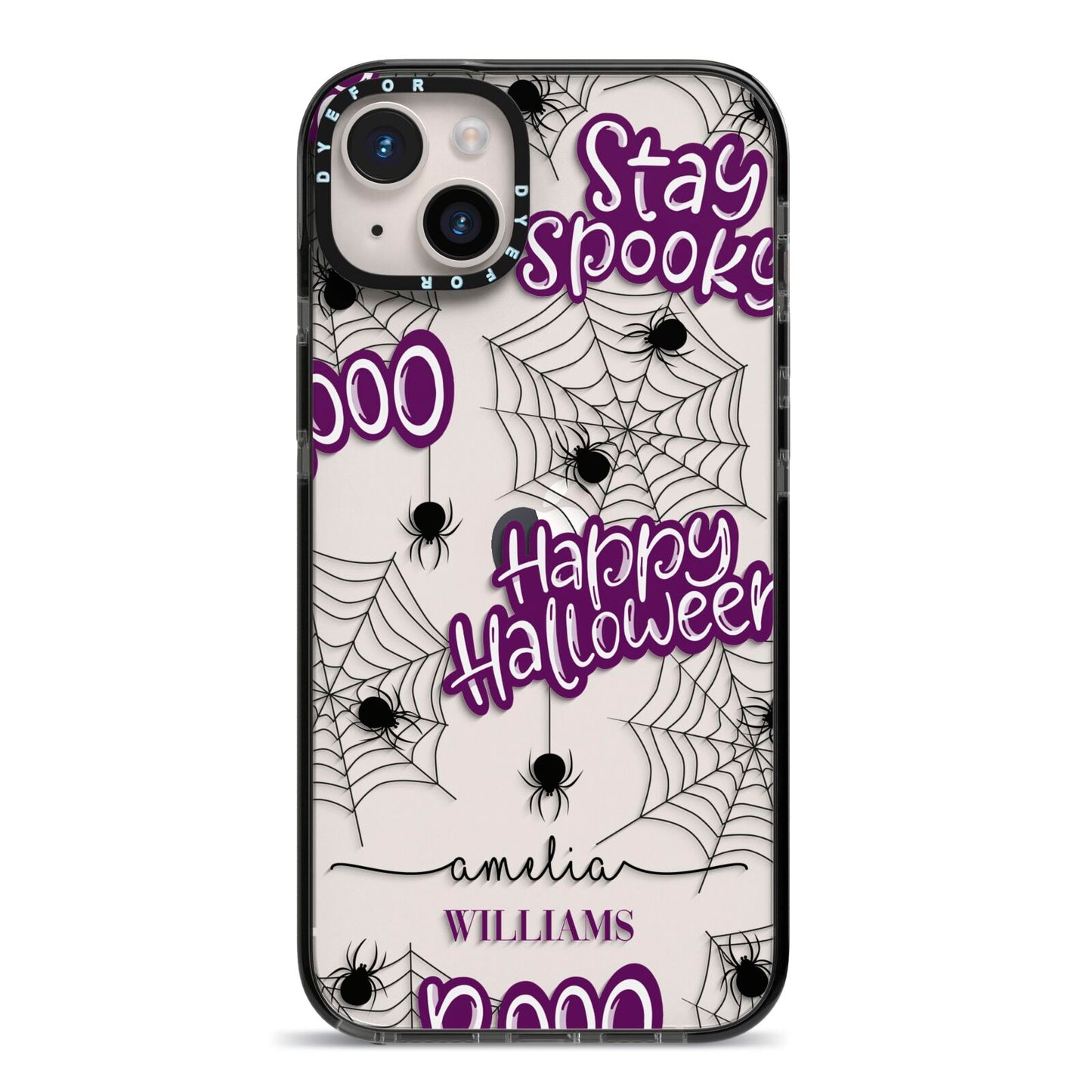 Purple Halloween Catchphrases iPhone 14 Plus Black Impact Case on Silver phone