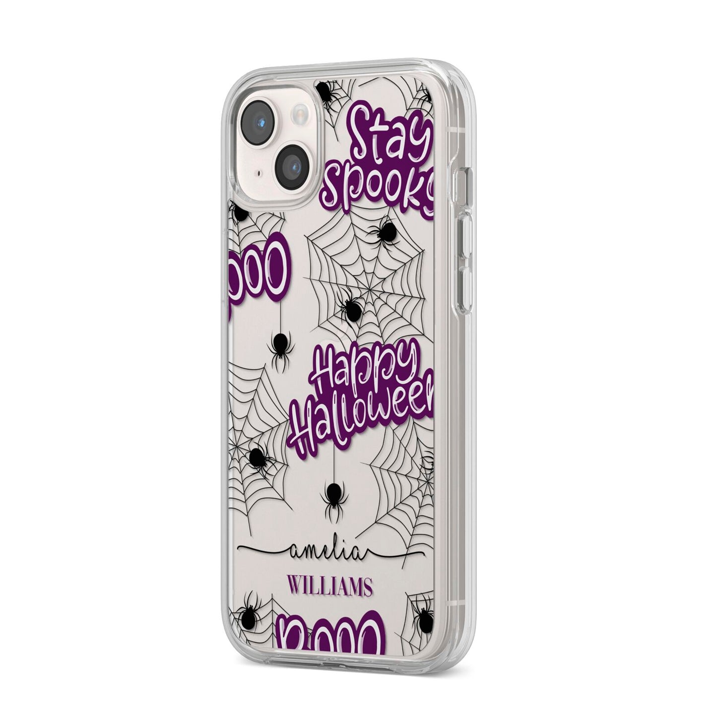 Purple Halloween Catchphrases iPhone 14 Plus Clear Tough Case Starlight Angled Image