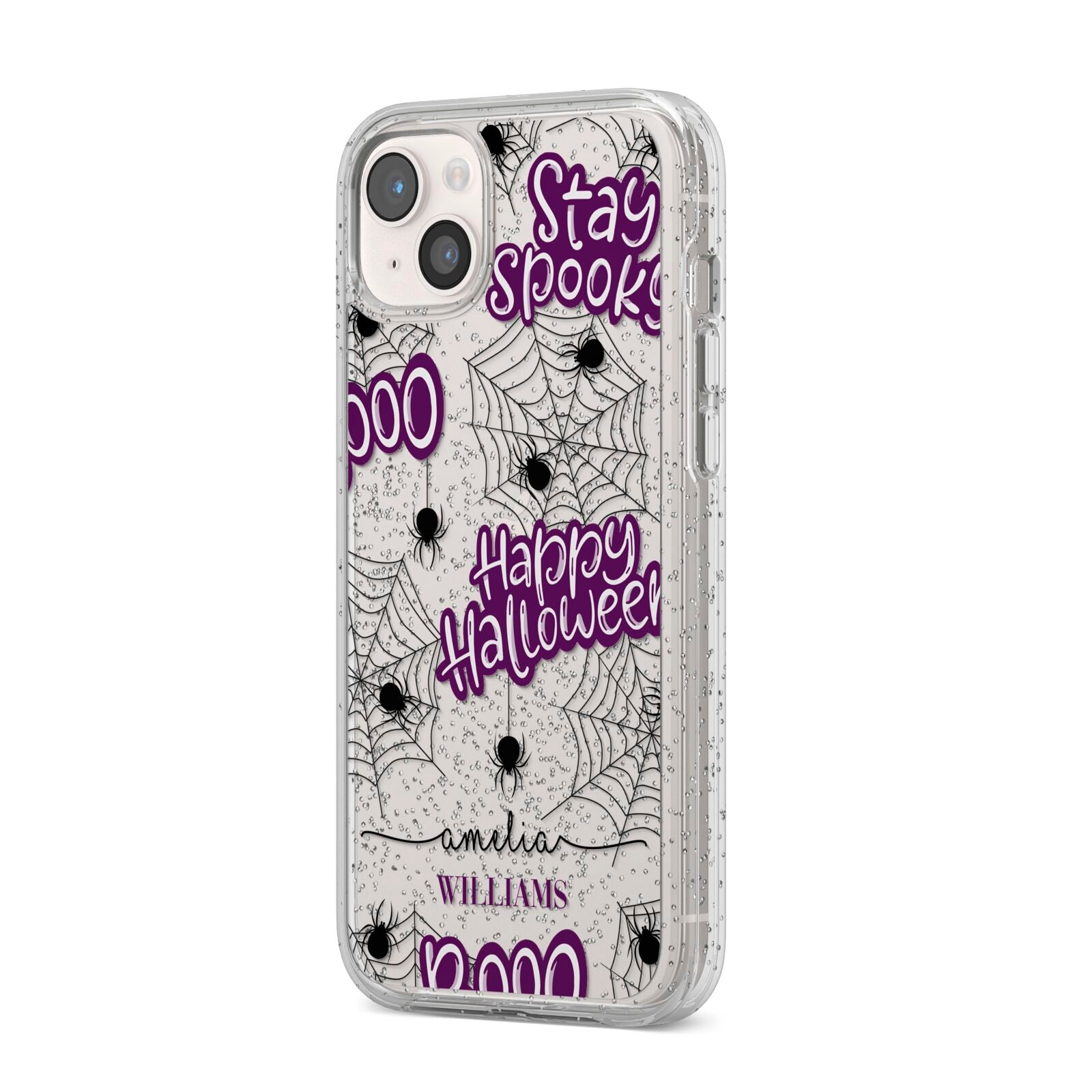 Purple Halloween Catchphrases iPhone 14 Plus Glitter Tough Case Starlight Angled Image