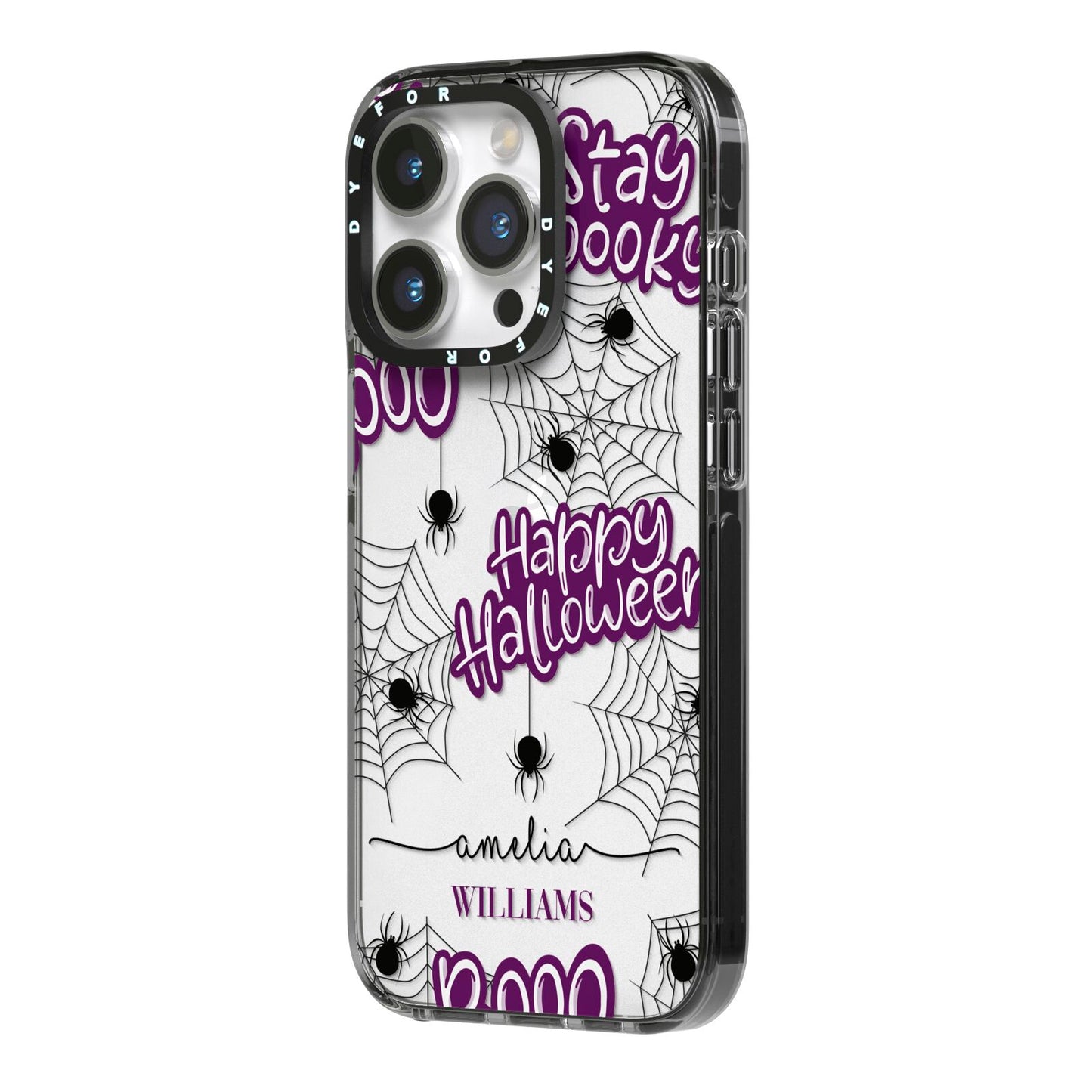 Purple Halloween Catchphrases iPhone 14 Pro Black Impact Case Side Angle on Silver phone