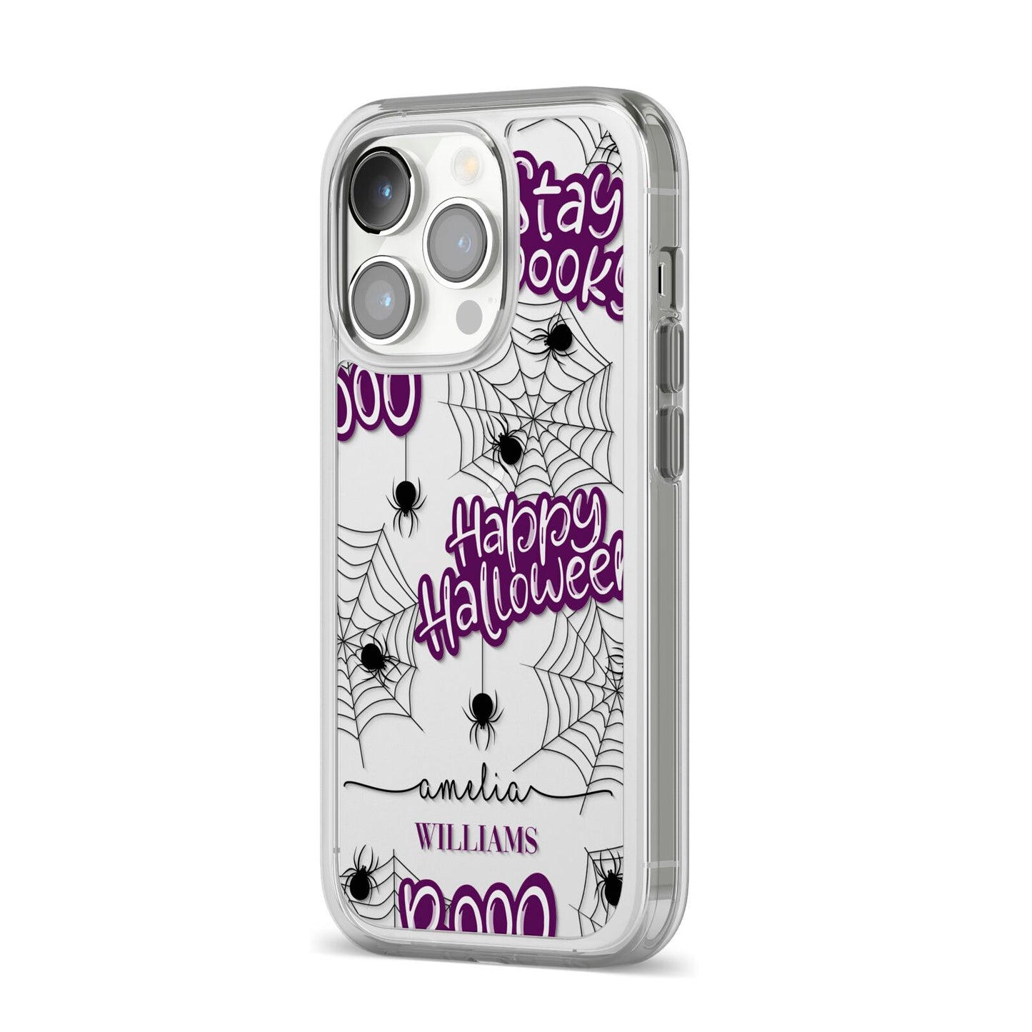 Purple Halloween Catchphrases iPhone 14 Pro Clear Tough Case Silver Angled Image