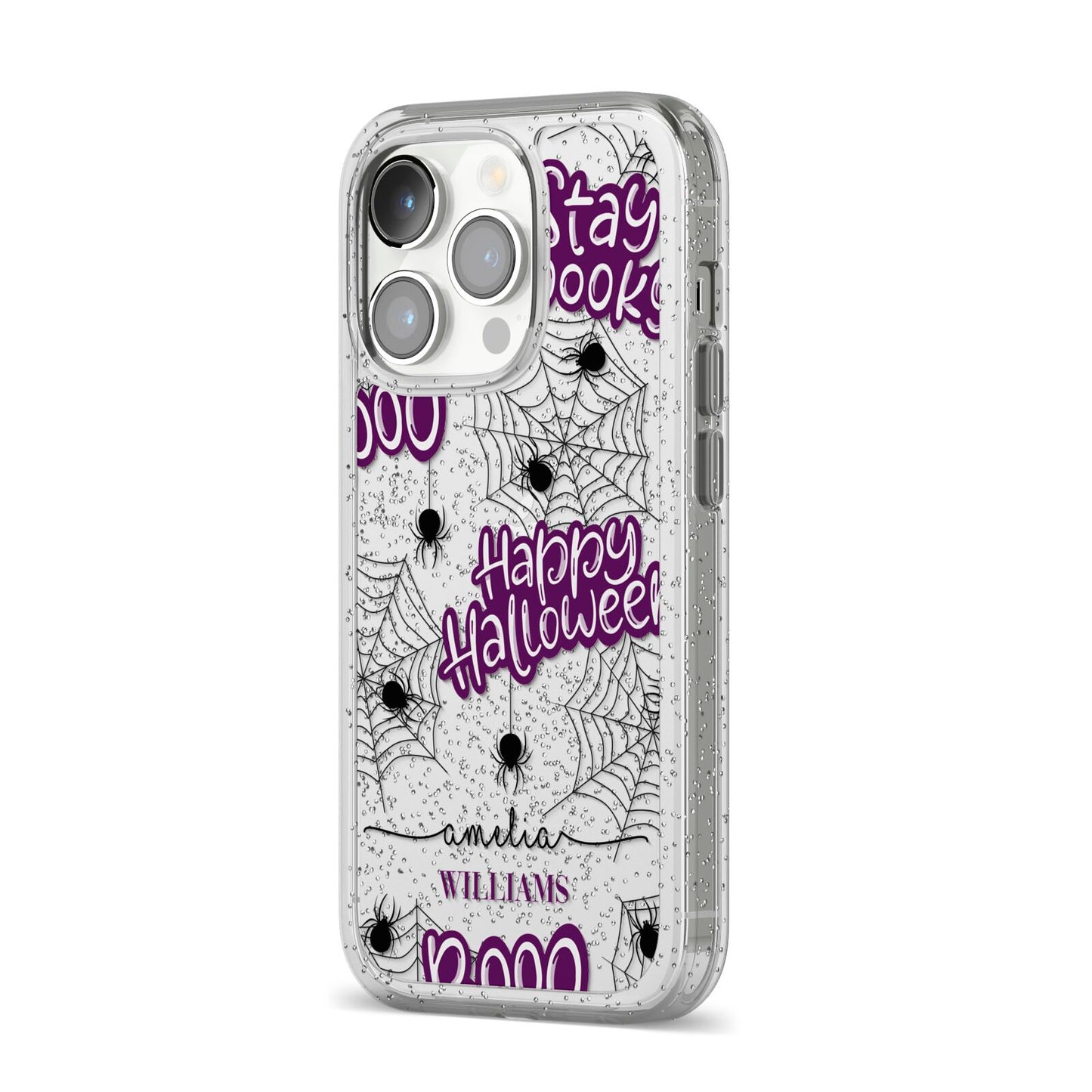 Purple Halloween Catchphrases iPhone 14 Pro Glitter Tough Case Silver Angled Image