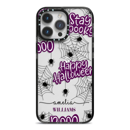 Purple Halloween Catchphrases iPhone 14 Pro Max Black Impact Case on Silver phone