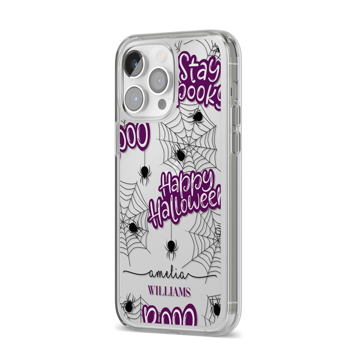 Purple Halloween Catchphrases iPhone 14 Pro Max Clear Tough Case Silver Angled Image