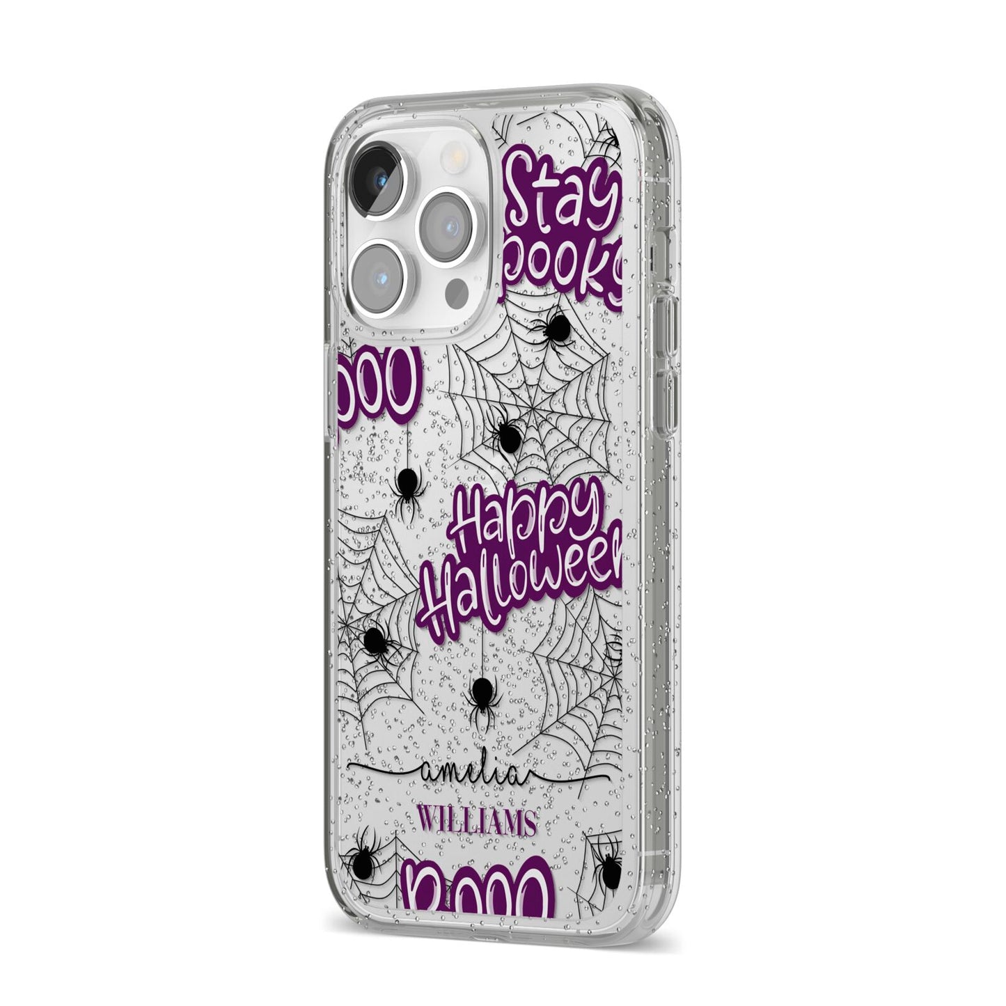 Purple Halloween Catchphrases iPhone 14 Pro Max Glitter Tough Case Silver Angled Image
