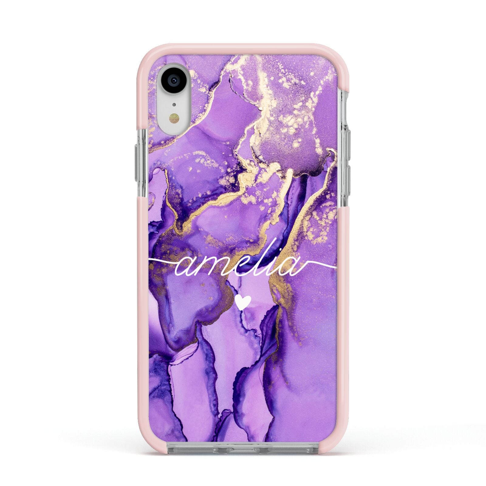 Purple Marble Apple iPhone XR Impact Case Pink Edge on Silver Phone