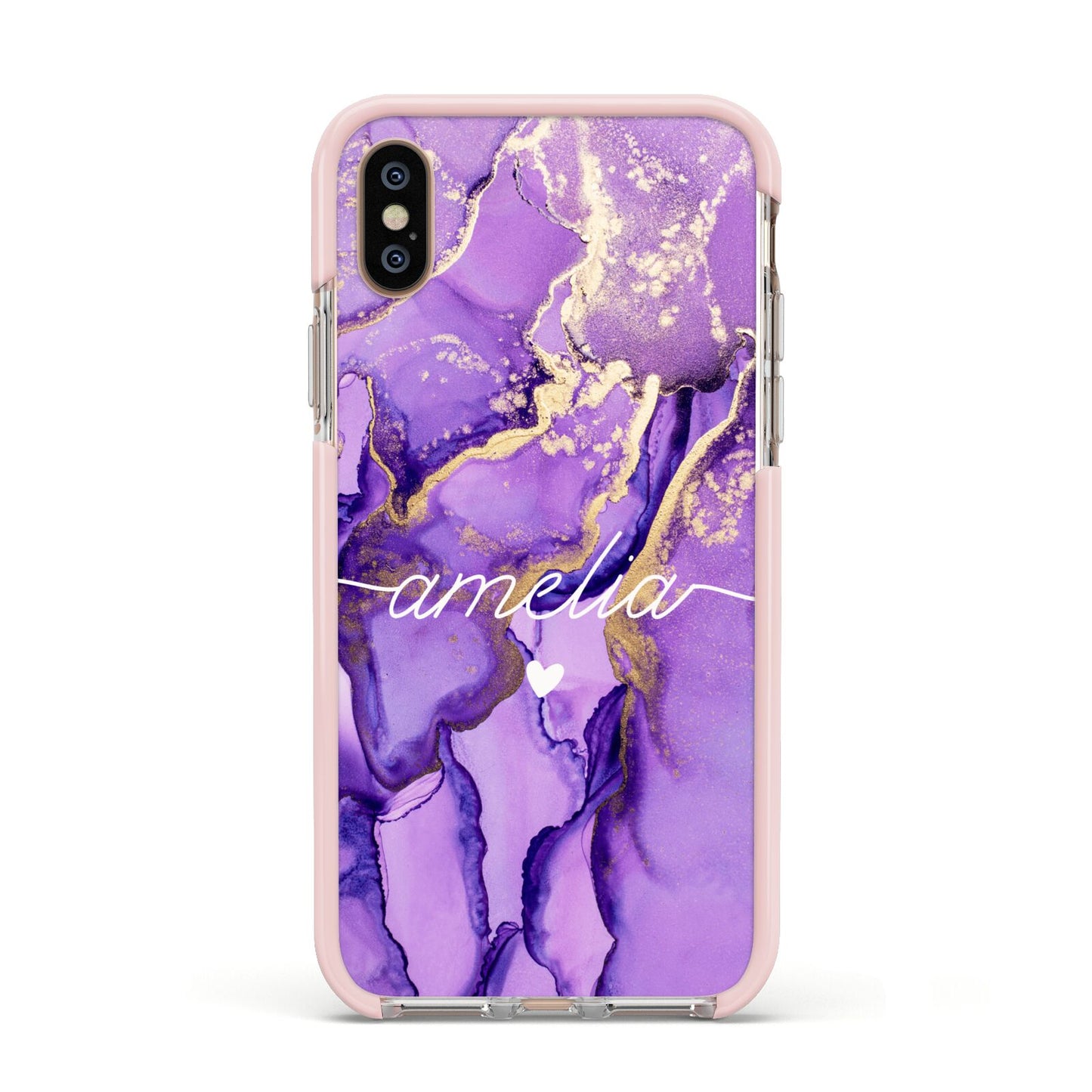 Purple Marble Apple iPhone Xs Impact Case Pink Edge on Gold Phone