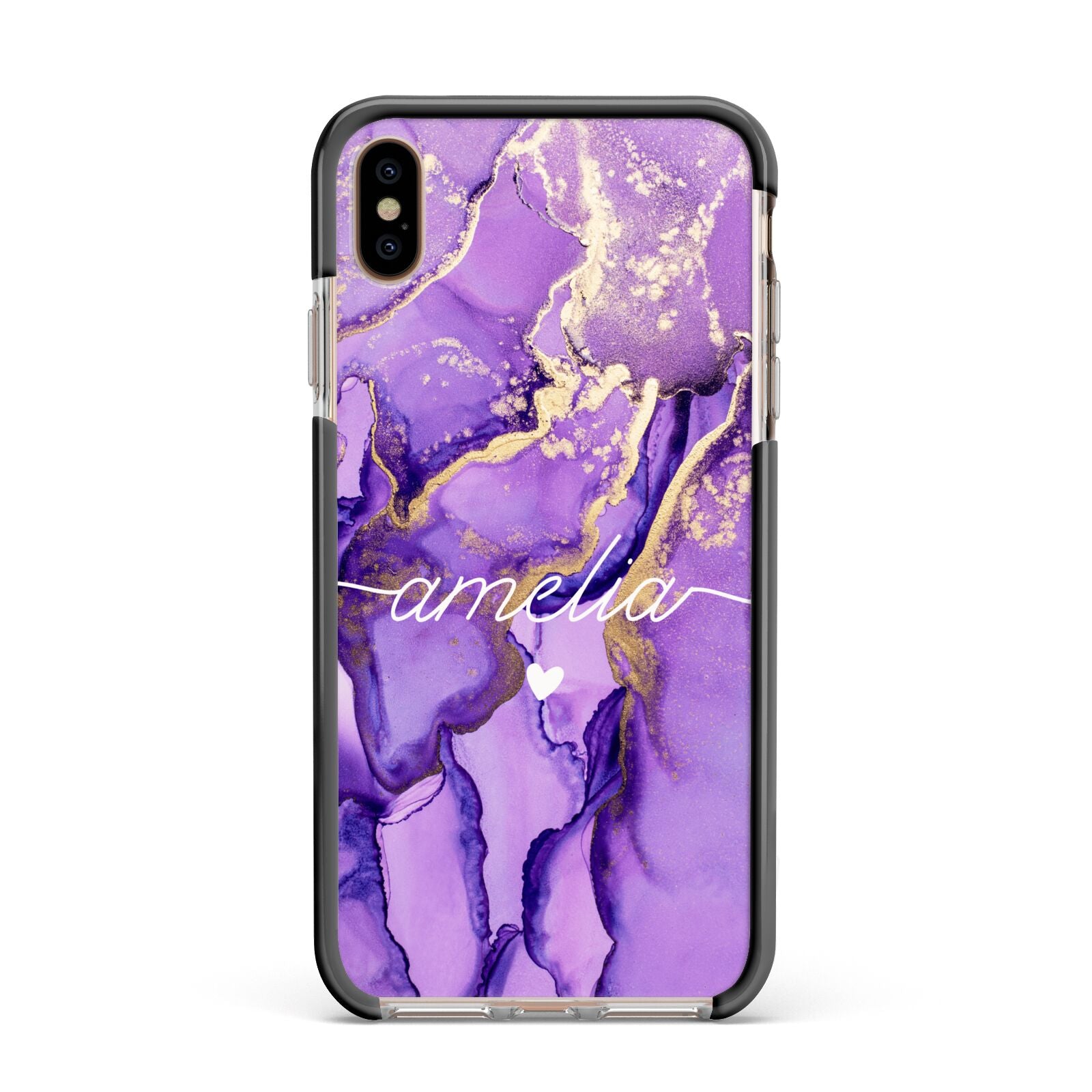 Purple Marble Apple iPhone Xs Max Impact Case Black Edge on Gold Phone