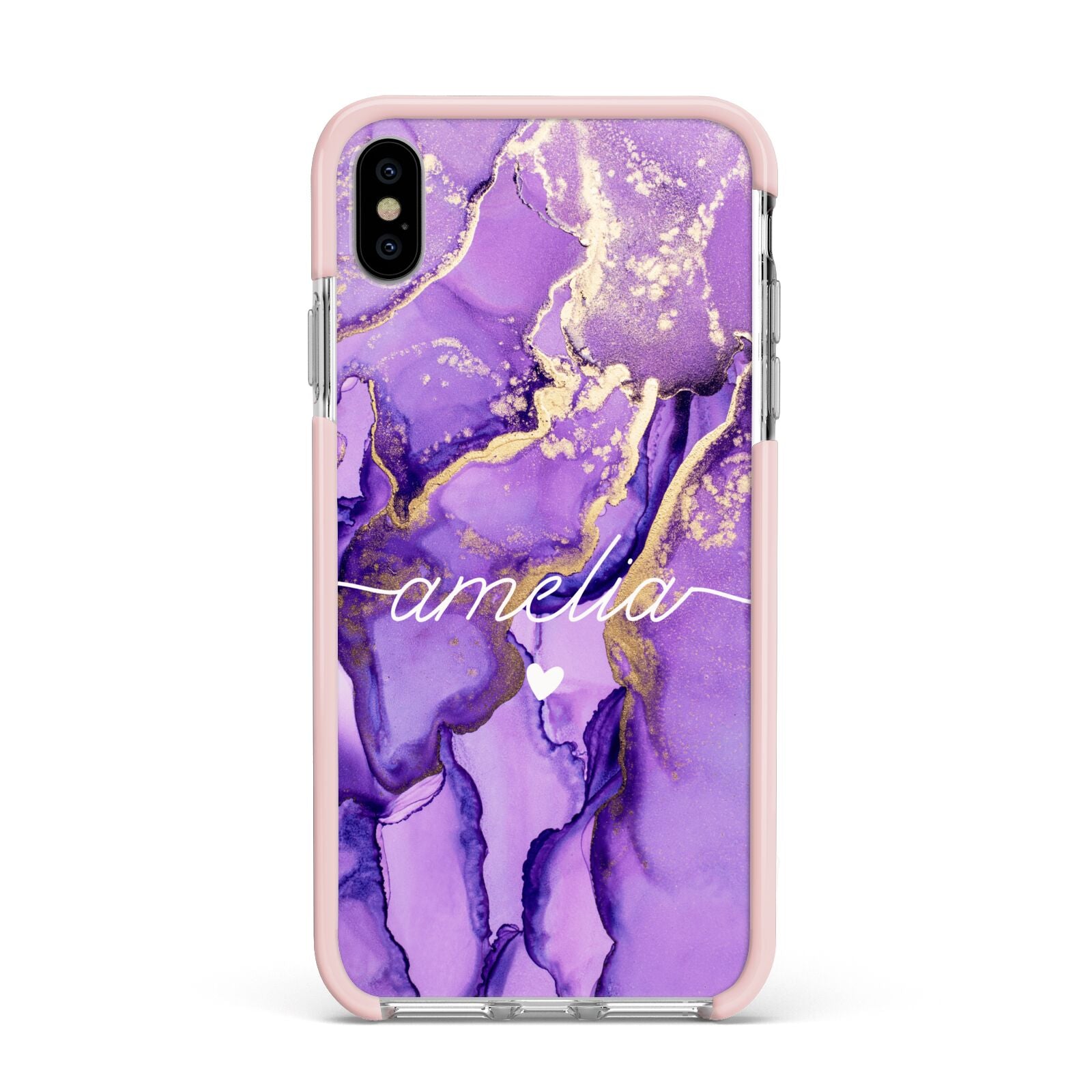 Purple Marble Apple iPhone Xs Max Impact Case Pink Edge on Silver Phone