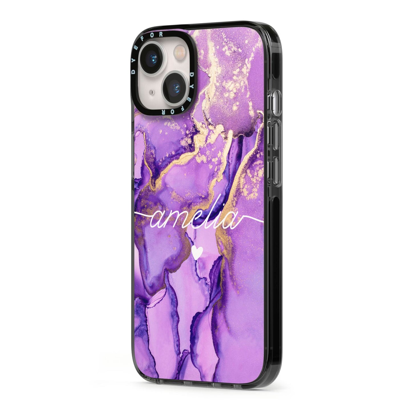 Purple Marble iPhone 13 Black Impact Case Side Angle on Silver phone