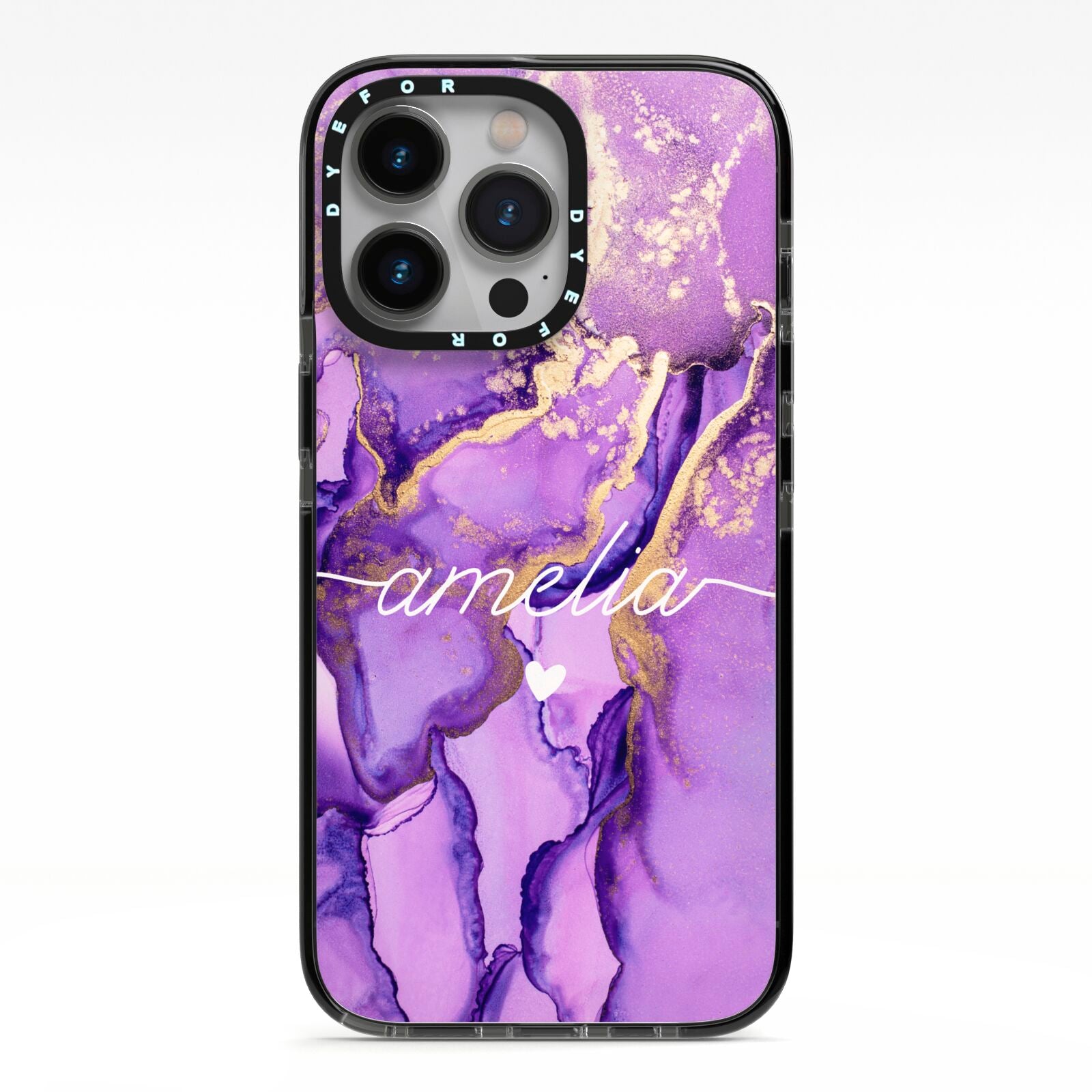 Purple Marble iPhone 13 Pro Black Impact Case on Silver phone