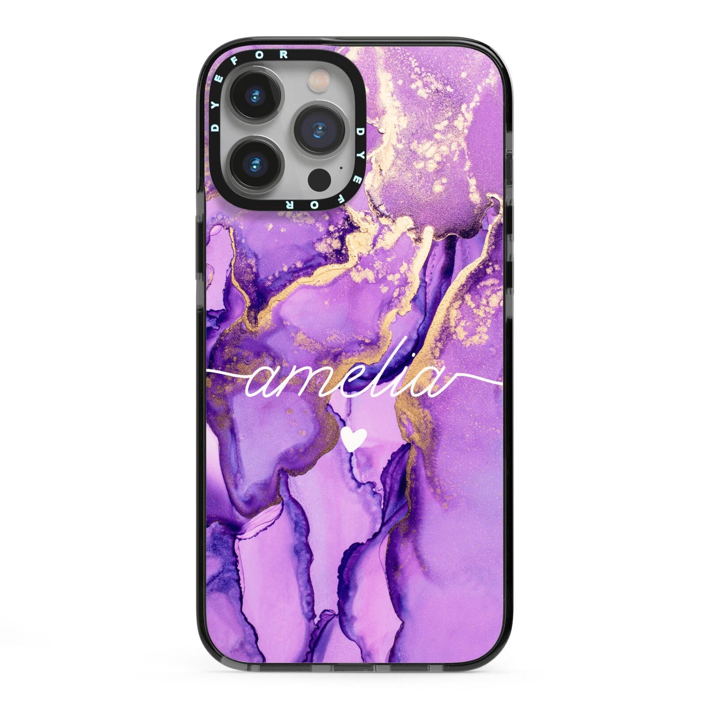 Purple Marble iPhone 13 Pro Max Black Impact Case on Silver phone