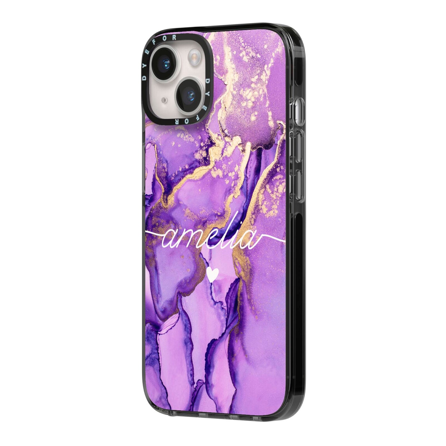 Purple Marble iPhone 14 Black Impact Case Side Angle on Silver phone