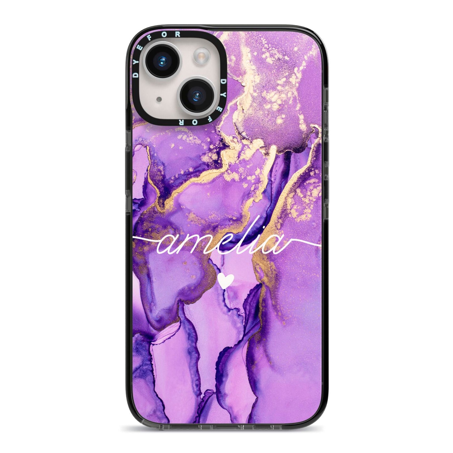 Purple Marble iPhone 14 Black Impact Case on Silver phone