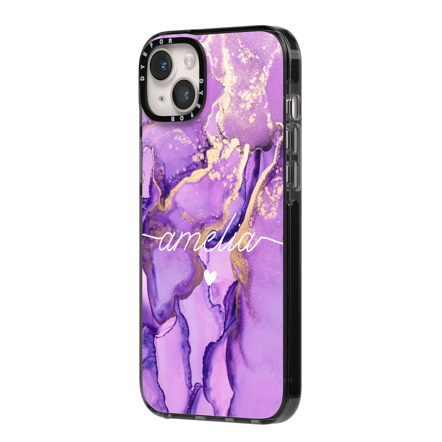 Purple Marble iPhone 14 Plus Black Impact Case Side Angle on Silver phone