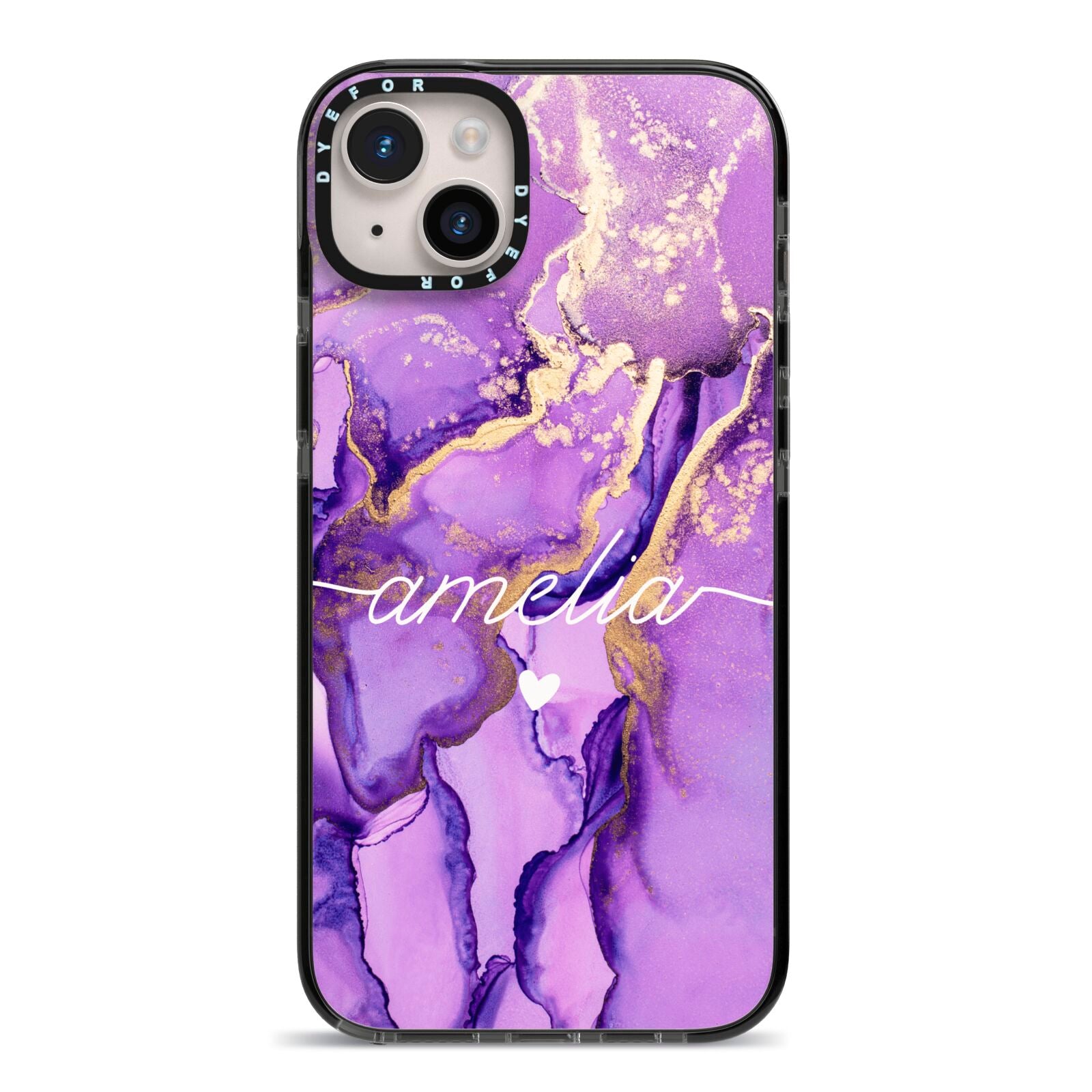 Purple Marble iPhone 14 Plus Black Impact Case on Silver phone