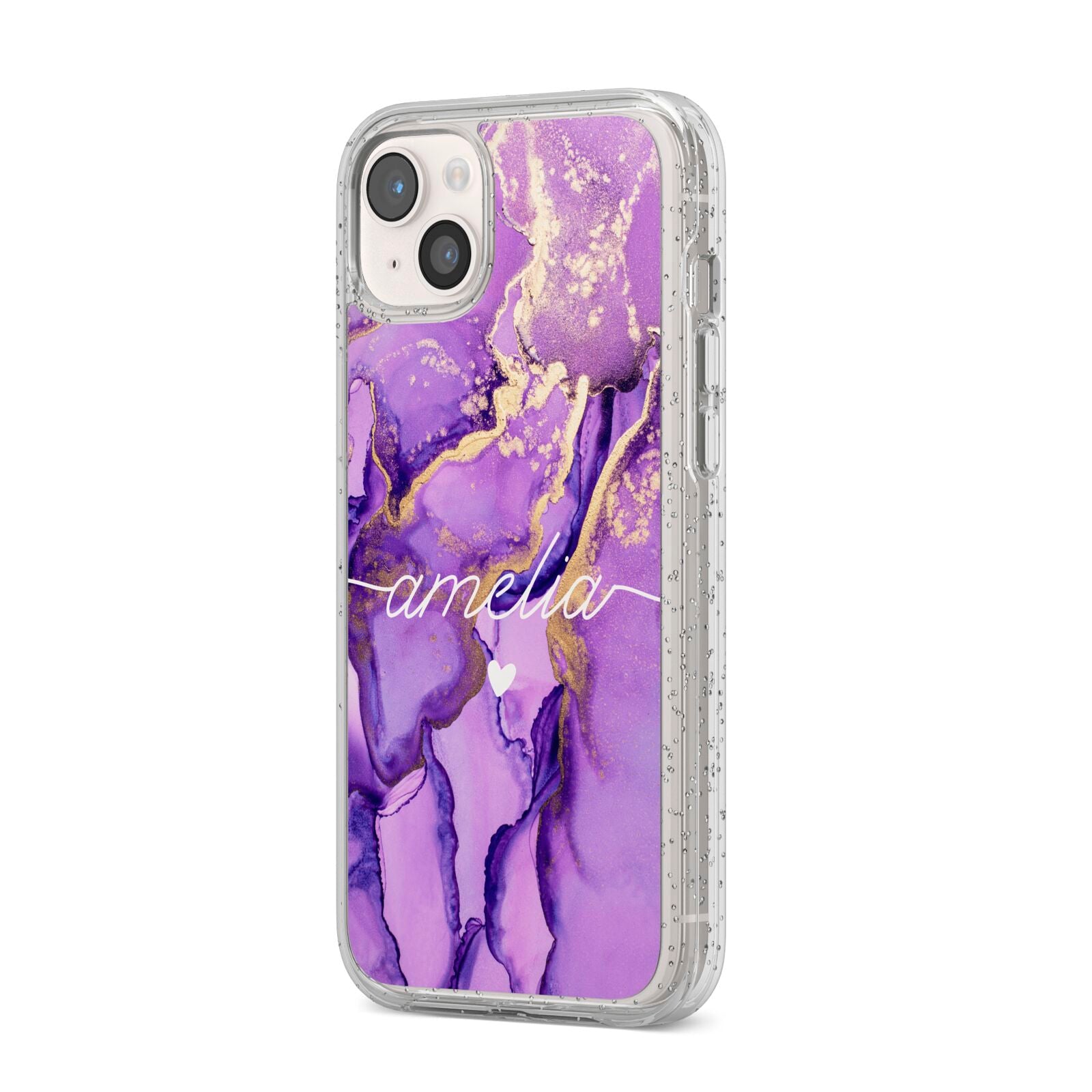 Purple Marble iPhone 14 Plus Glitter Tough Case Starlight Angled Image
