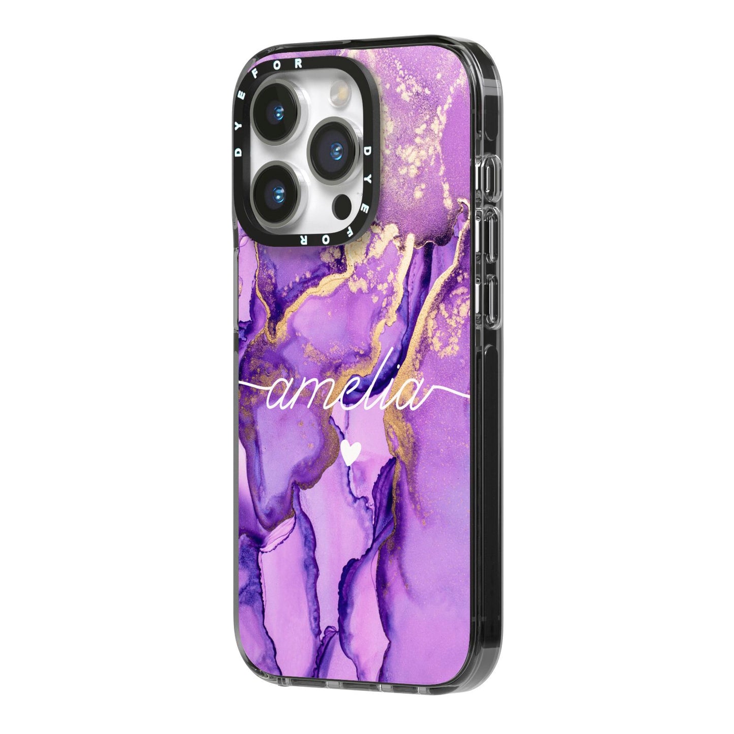 Purple Marble iPhone 14 Pro Black Impact Case Side Angle on Silver phone
