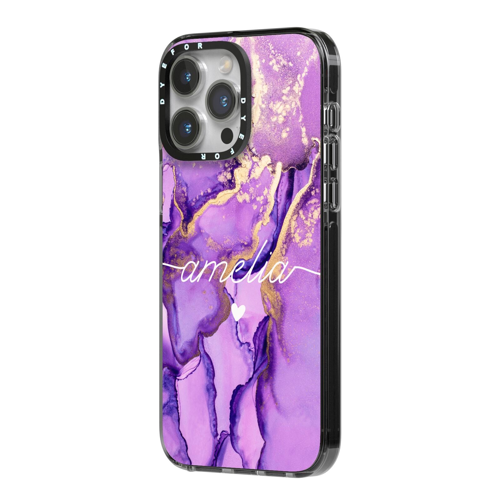 Purple Marble iPhone 14 Pro Max Black Impact Case Side Angle on Silver phone