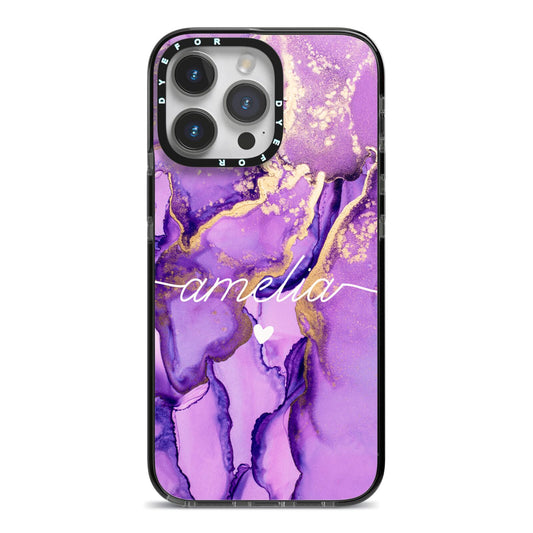 Purple Marble iPhone 14 Pro Max Black Impact Case on Silver phone