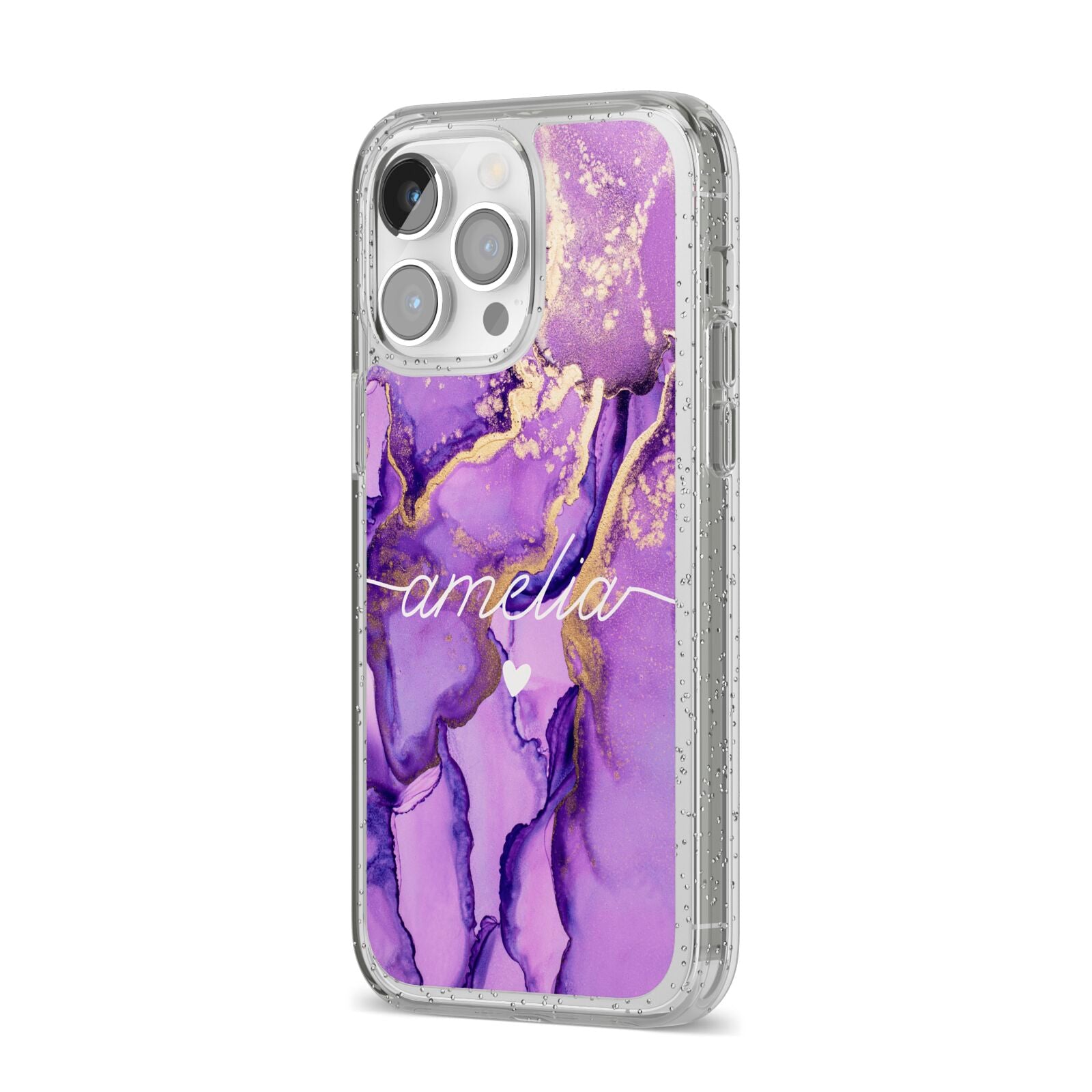 Purple Marble iPhone 14 Pro Max Glitter Tough Case Silver Angled Image