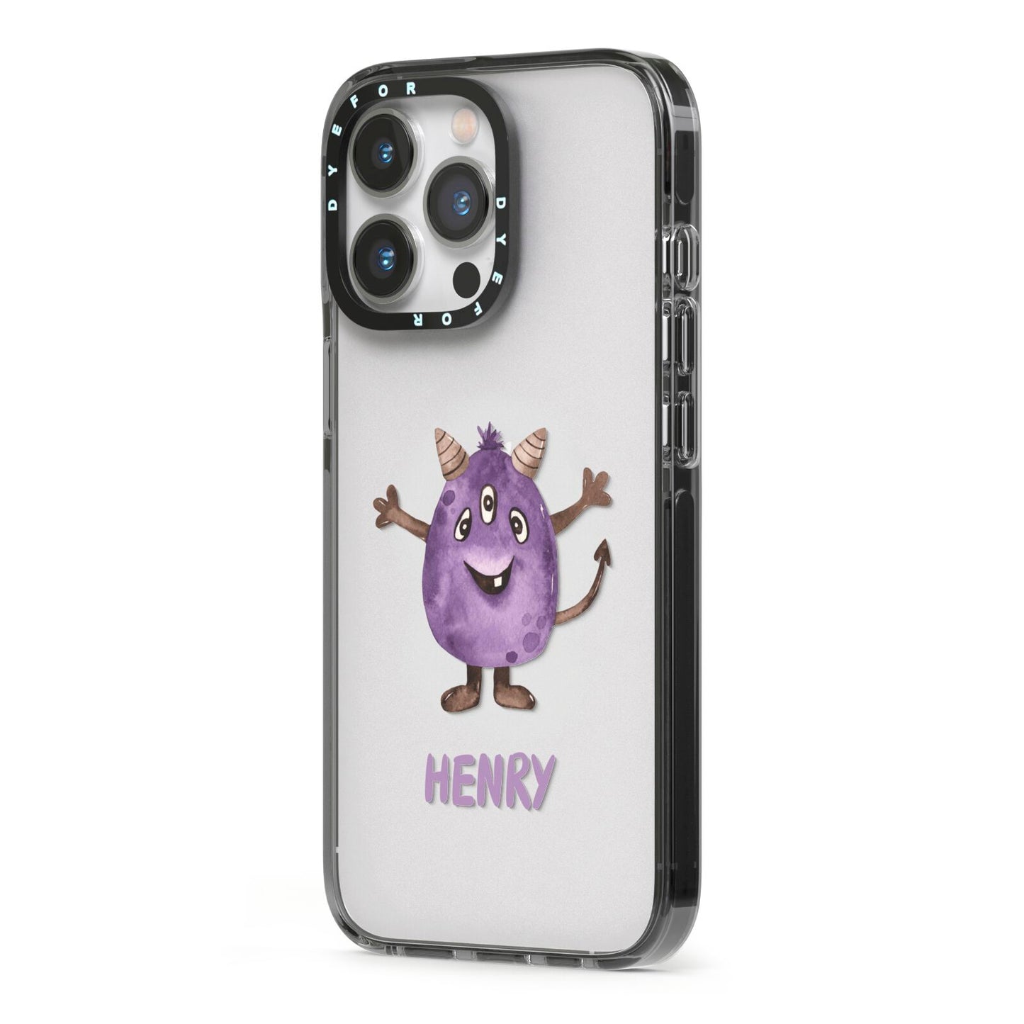 Purple Monster Custom iPhone 13 Pro Black Impact Case Side Angle on Silver phone