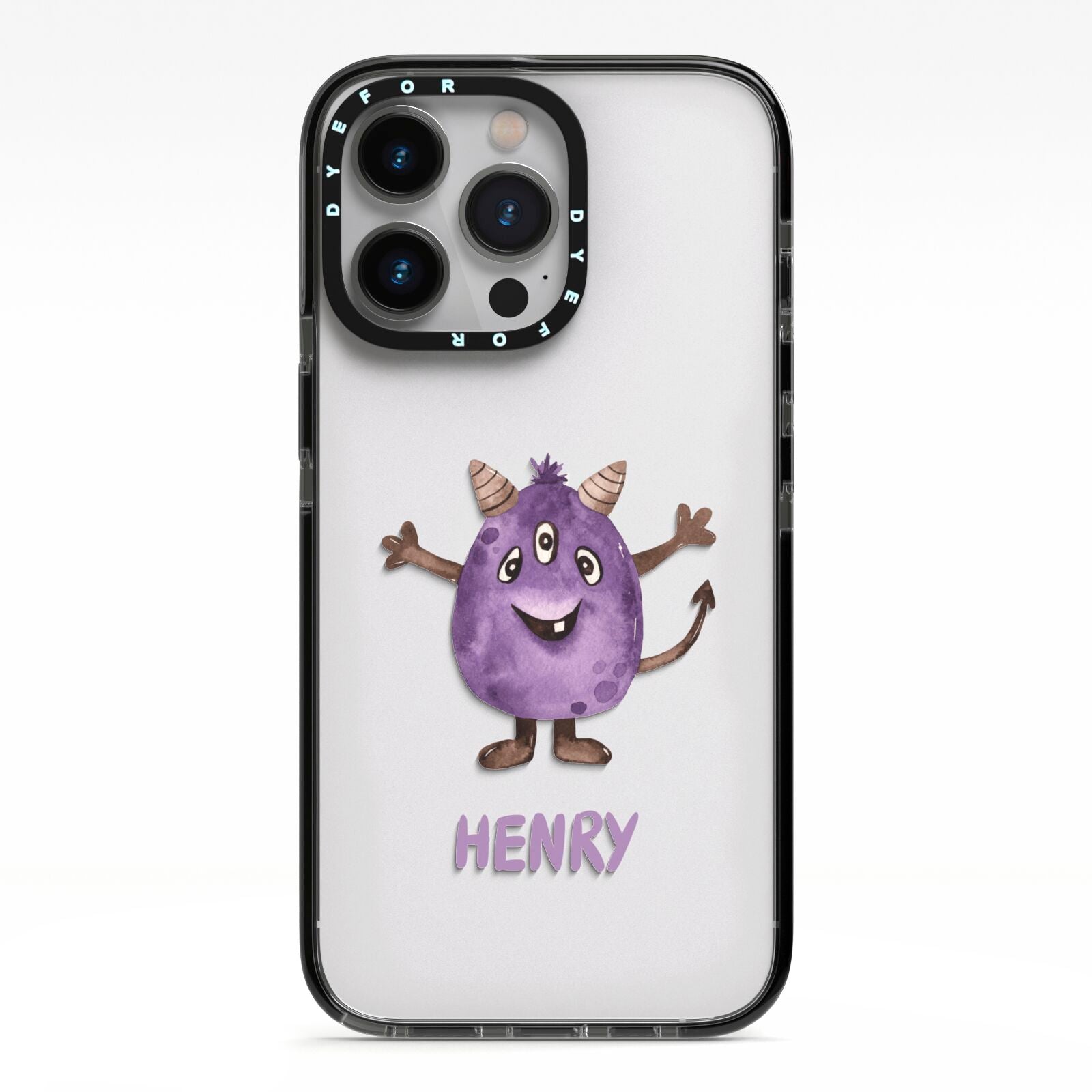 Purple Monster Custom iPhone 13 Pro Black Impact Case on Silver phone