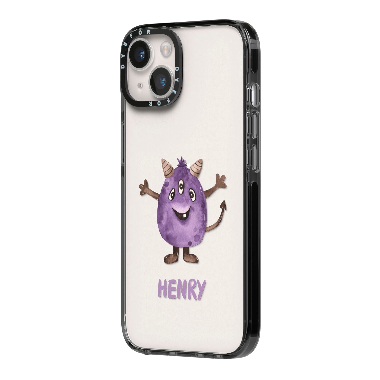 Purple Monster Custom iPhone 14 Black Impact Case Side Angle on Silver phone