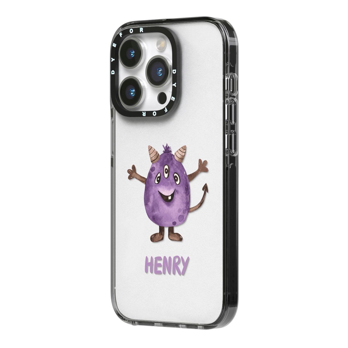 Purple Monster Custom iPhone 14 Pro Black Impact Case Side Angle on Silver phone