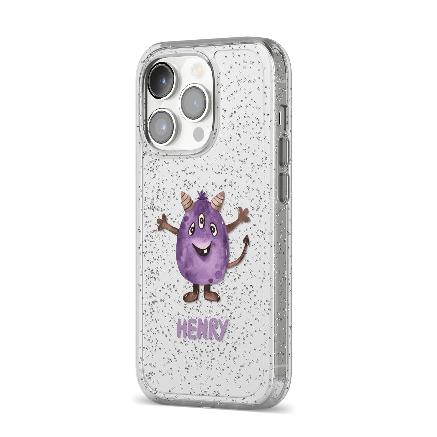 Purple Monster Custom iPhone 14 Pro Glitter Tough Case Silver Angled Image