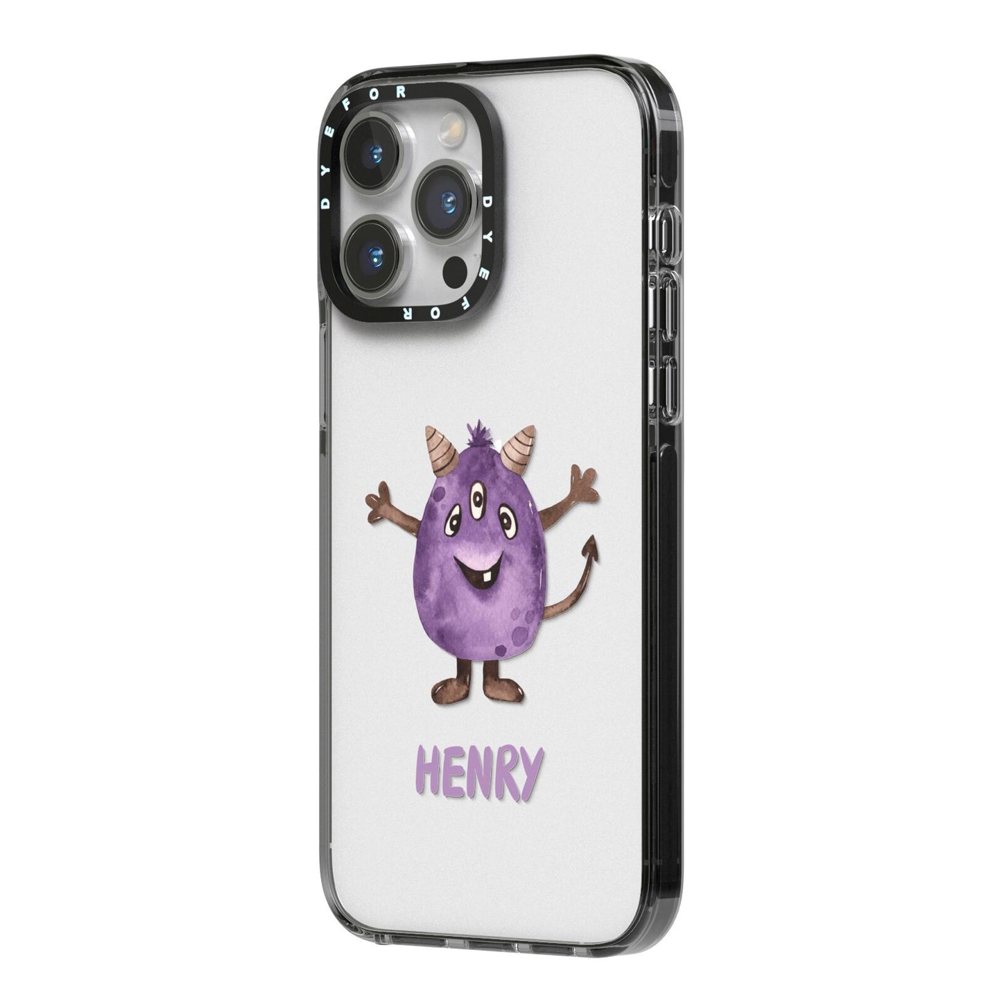Purple Monster Custom iPhone 14 Pro Max Black Impact Case Side Angle on Silver phone