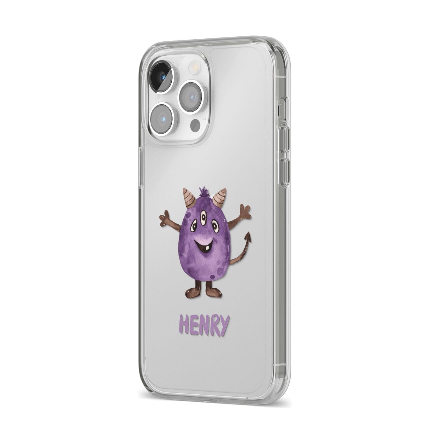 Purple Monster Custom iPhone 14 Pro Max Clear Tough Case Silver Angled Image
