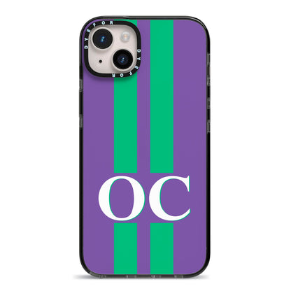 Purple Personalised Initials iPhone 14 Plus Black Impact Case on Silver phone