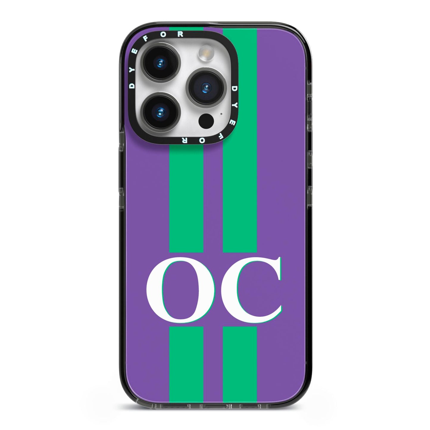 Purple Personalised Initials iPhone 14 Pro Black Impact Case on Silver phone