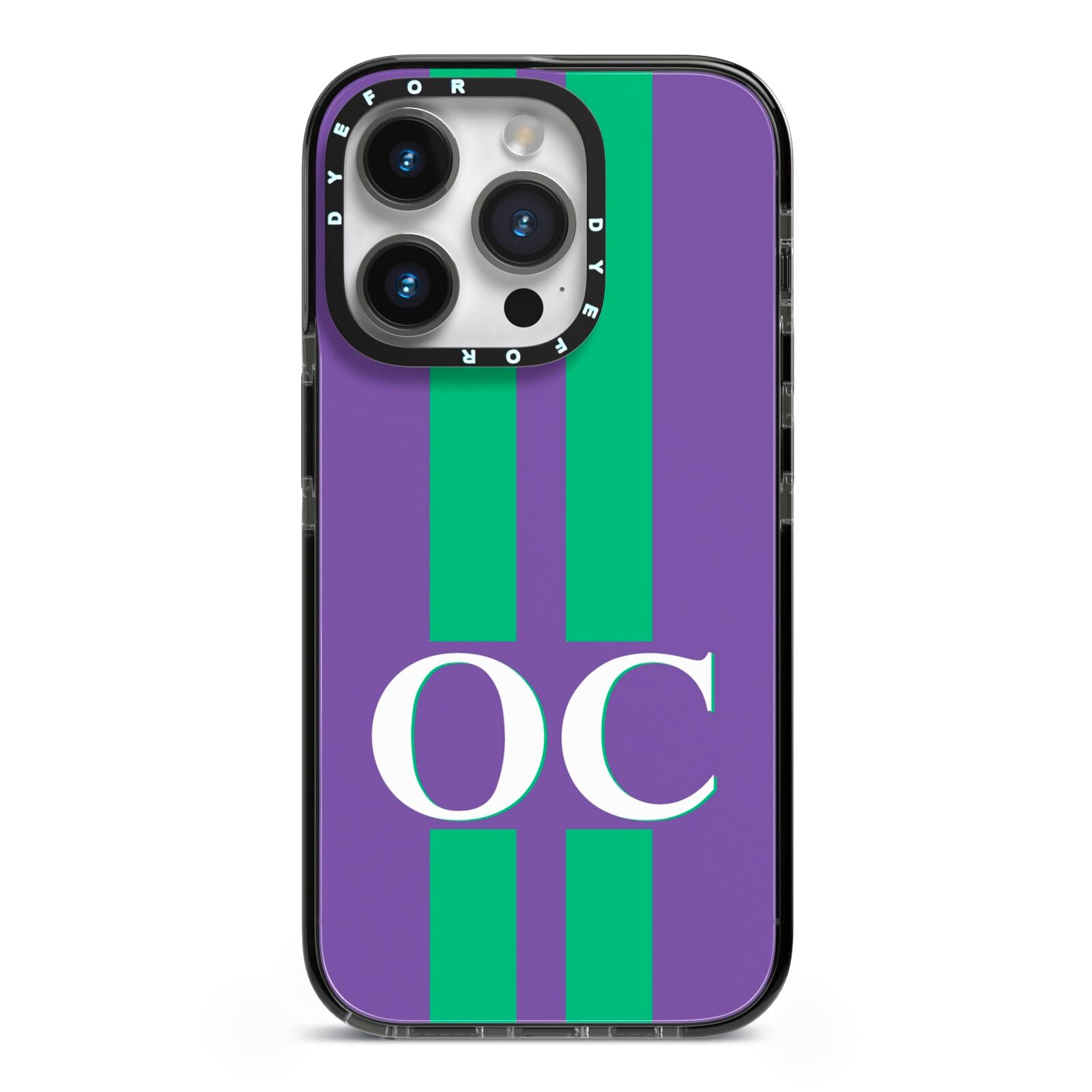 Purple Personalised Initials iPhone 14 Pro Black Impact Case on Silver phone