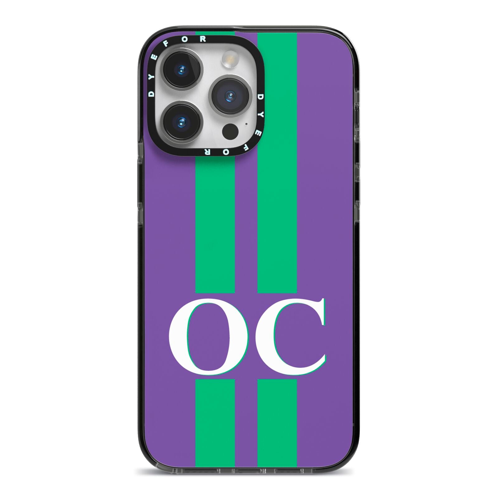 Purple Personalised Initials iPhone 14 Pro Max Black Impact Case on Silver phone