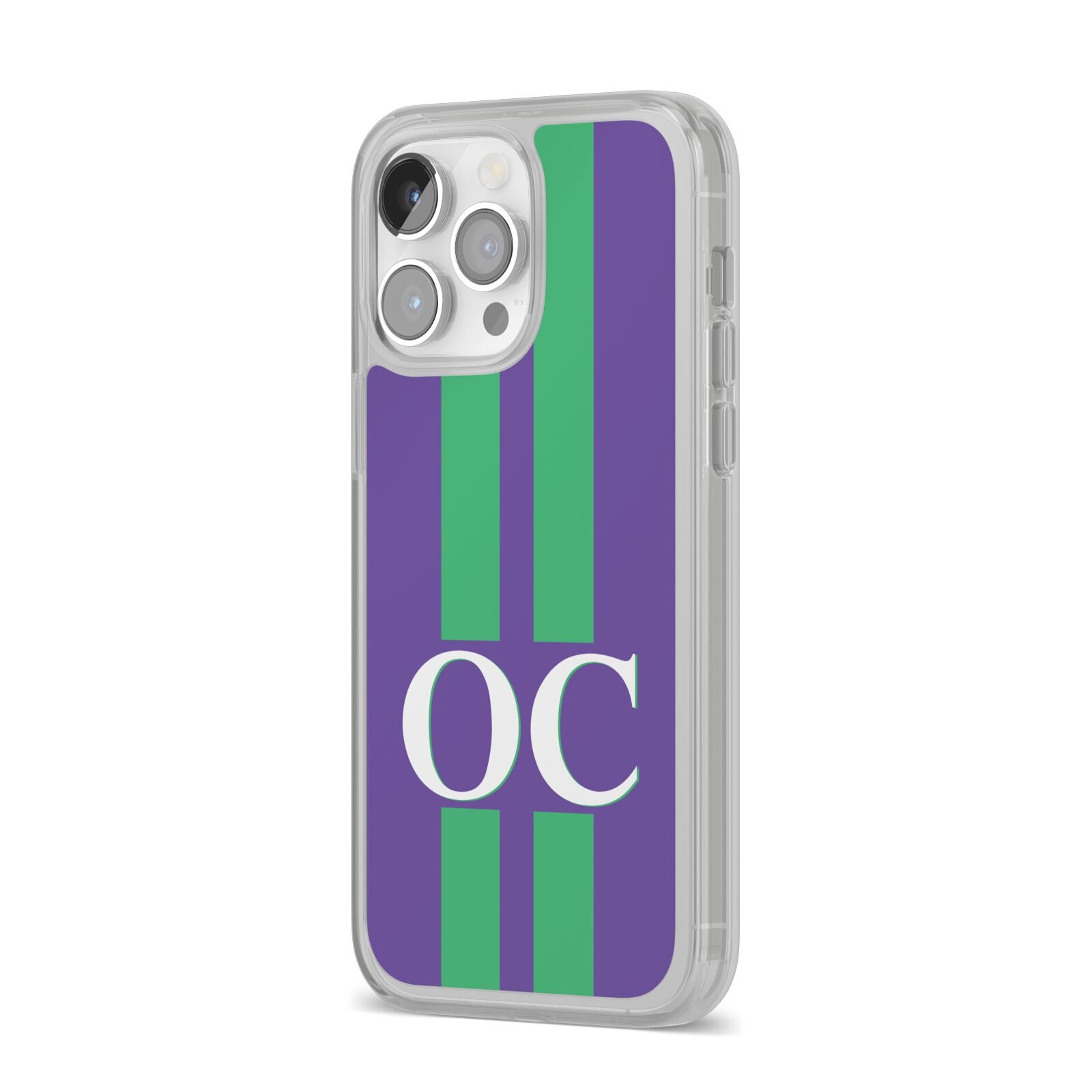 Purple Personalised Initials iPhone 14 Pro Max Clear Tough Case Silver Angled Image