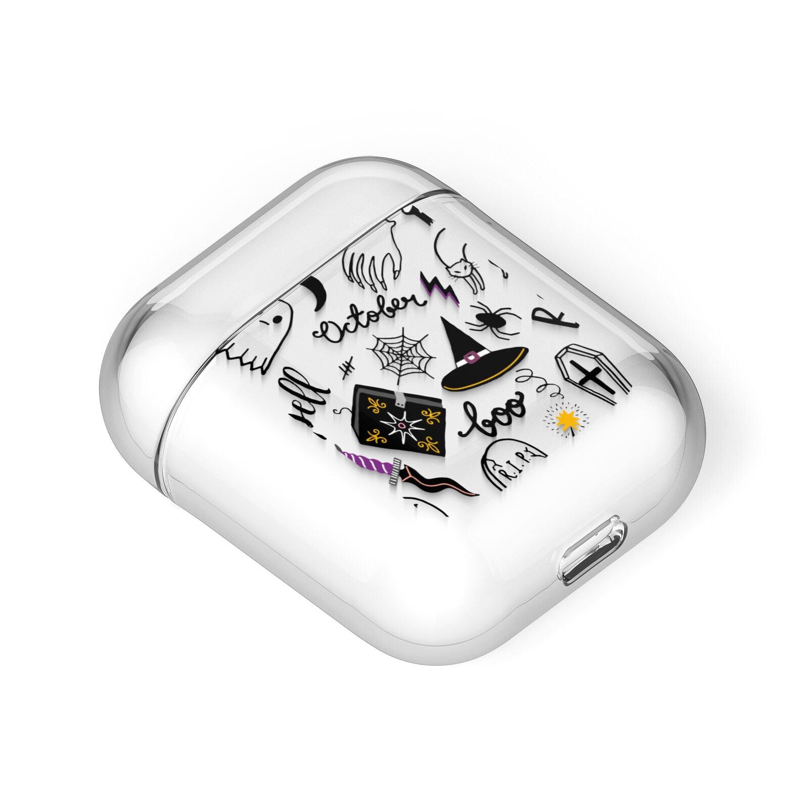 Purple and Black Halloween Illustrations AirPods Case Laid Flat