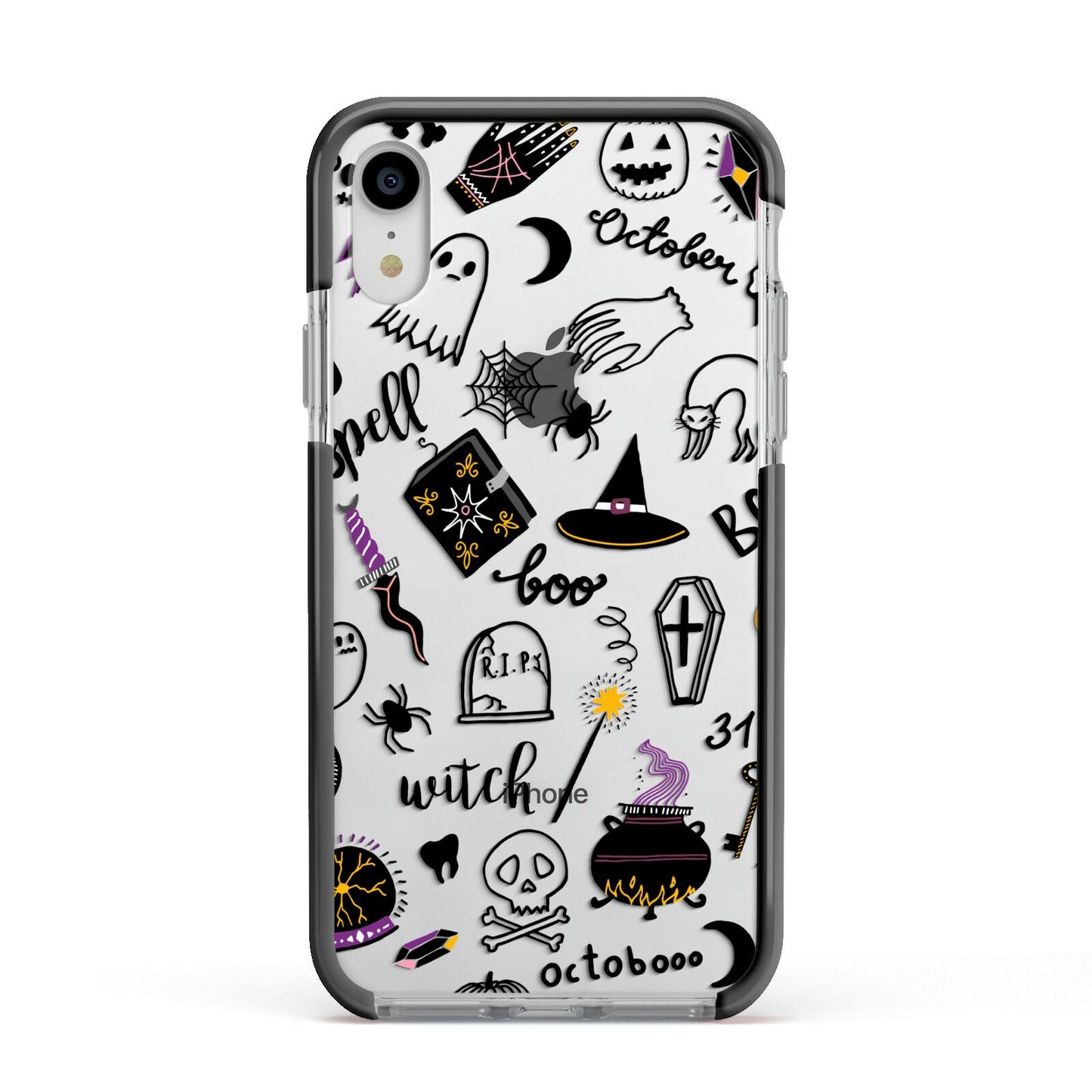 Purple and Black Halloween Illustrations Apple iPhone XR Impact Case Black Edge on Silver Phone