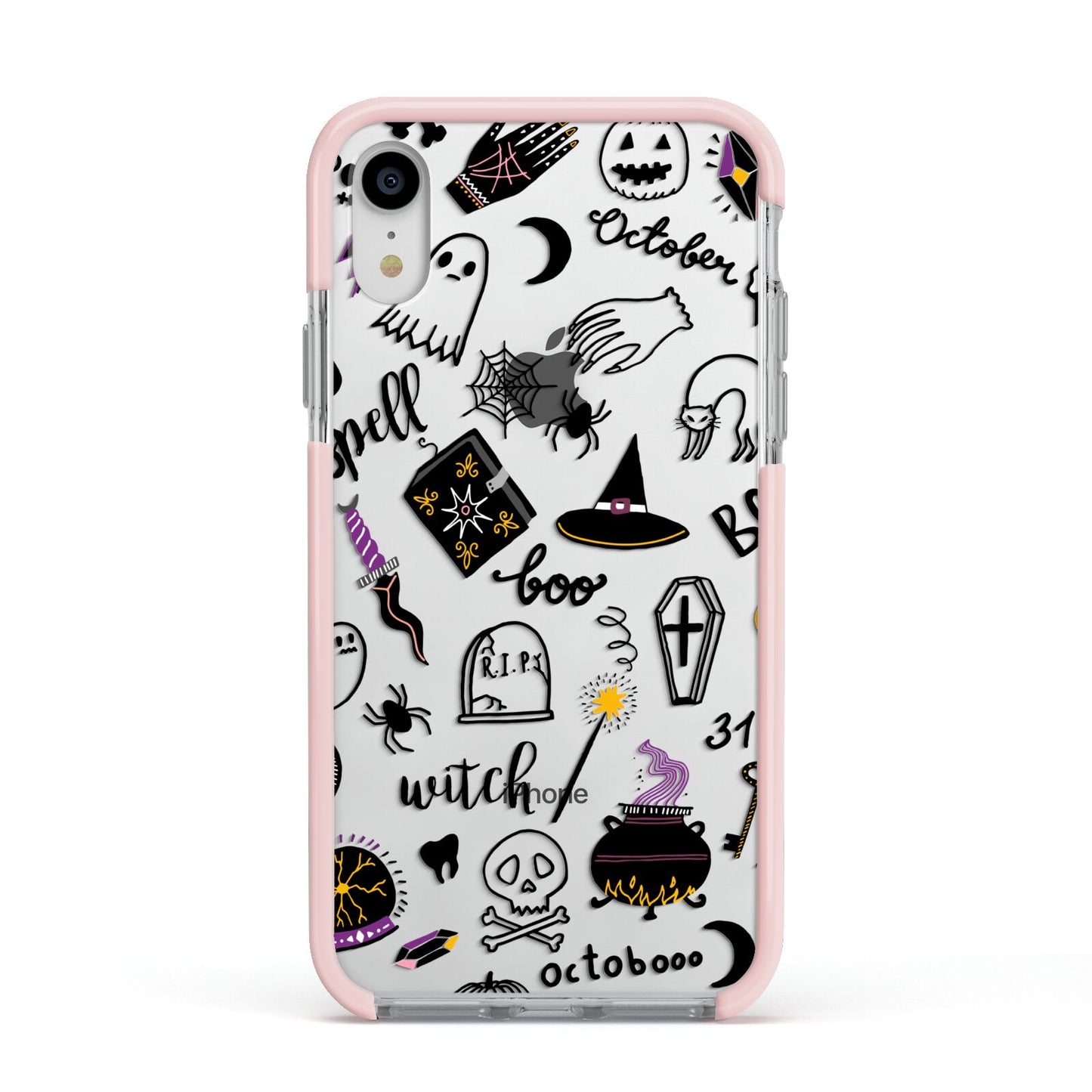 Purple and Black Halloween Illustrations Apple iPhone XR Impact Case Pink Edge on Silver Phone