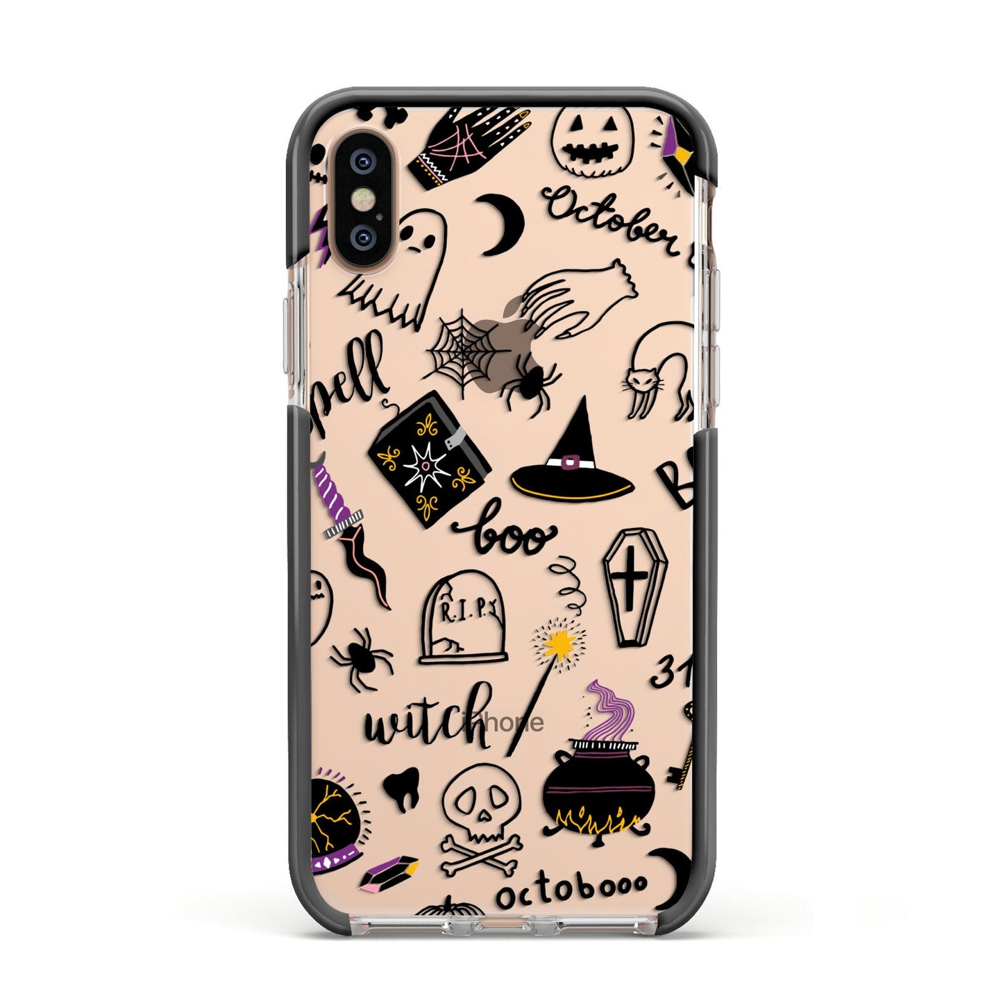 Purple and Black Halloween Illustrations Apple iPhone Xs Impact Case Black Edge on Gold Phone