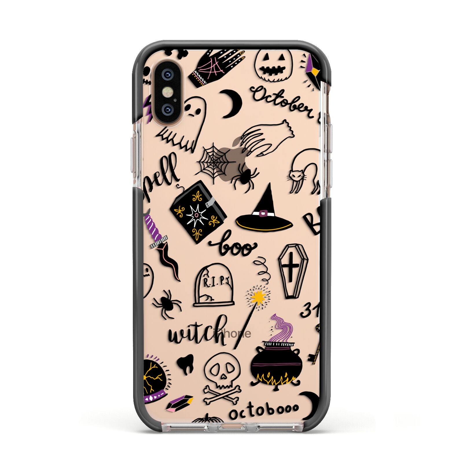 Purple and Black Halloween Illustrations Apple iPhone Xs Impact Case Black Edge on Gold Phone