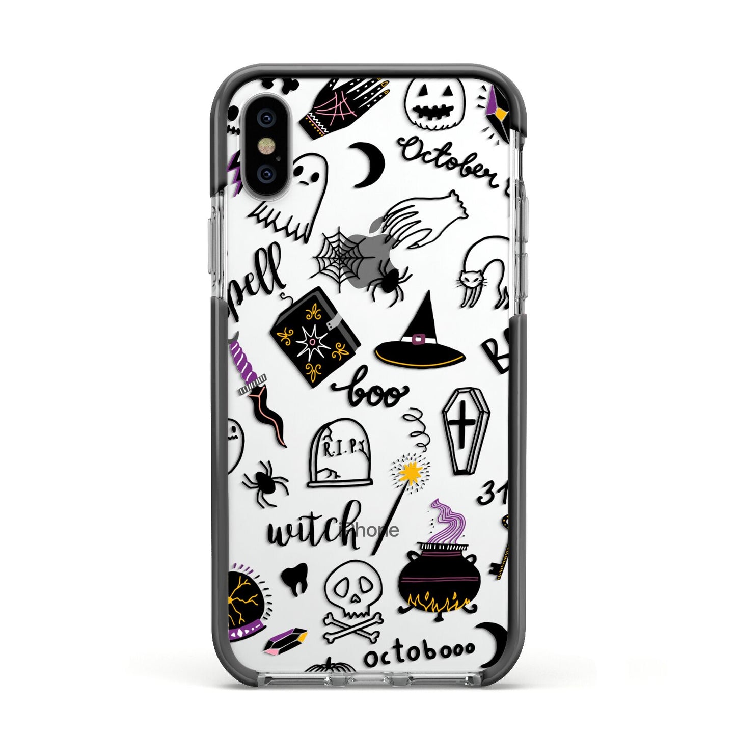 Purple and Black Halloween Illustrations Apple iPhone Xs Impact Case Black Edge on Silver Phone