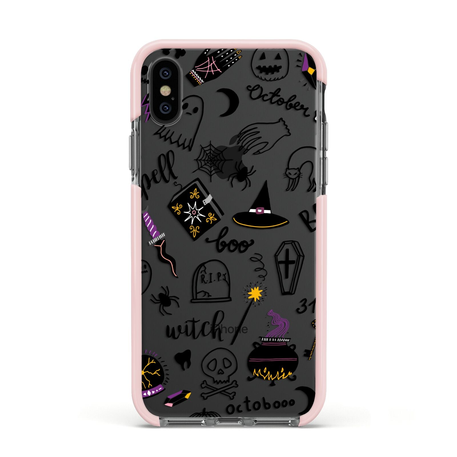 Purple and Black Halloween Illustrations Apple iPhone Xs Impact Case Pink Edge on Black Phone