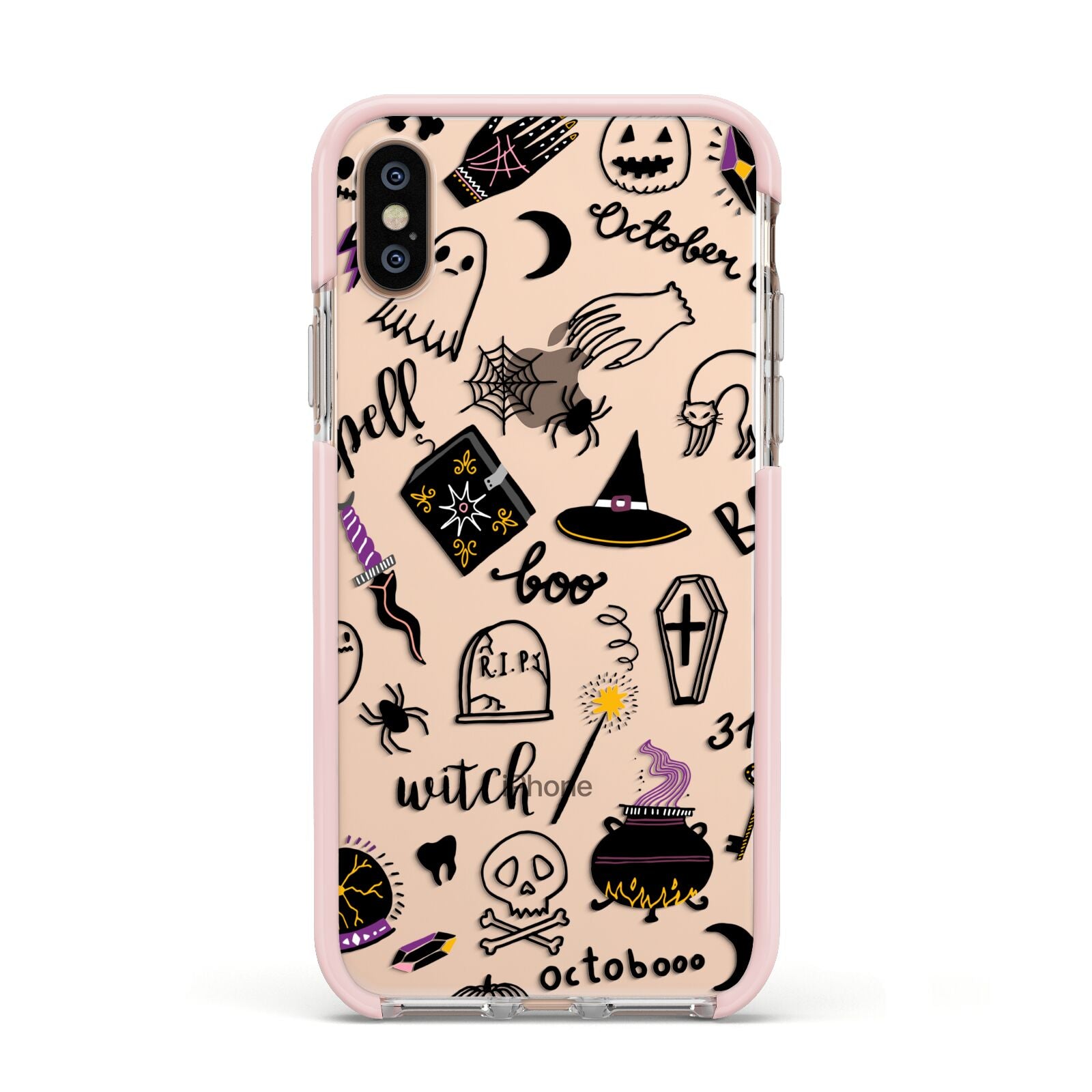 Purple and Black Halloween Illustrations Apple iPhone Xs Impact Case Pink Edge on Gold Phone