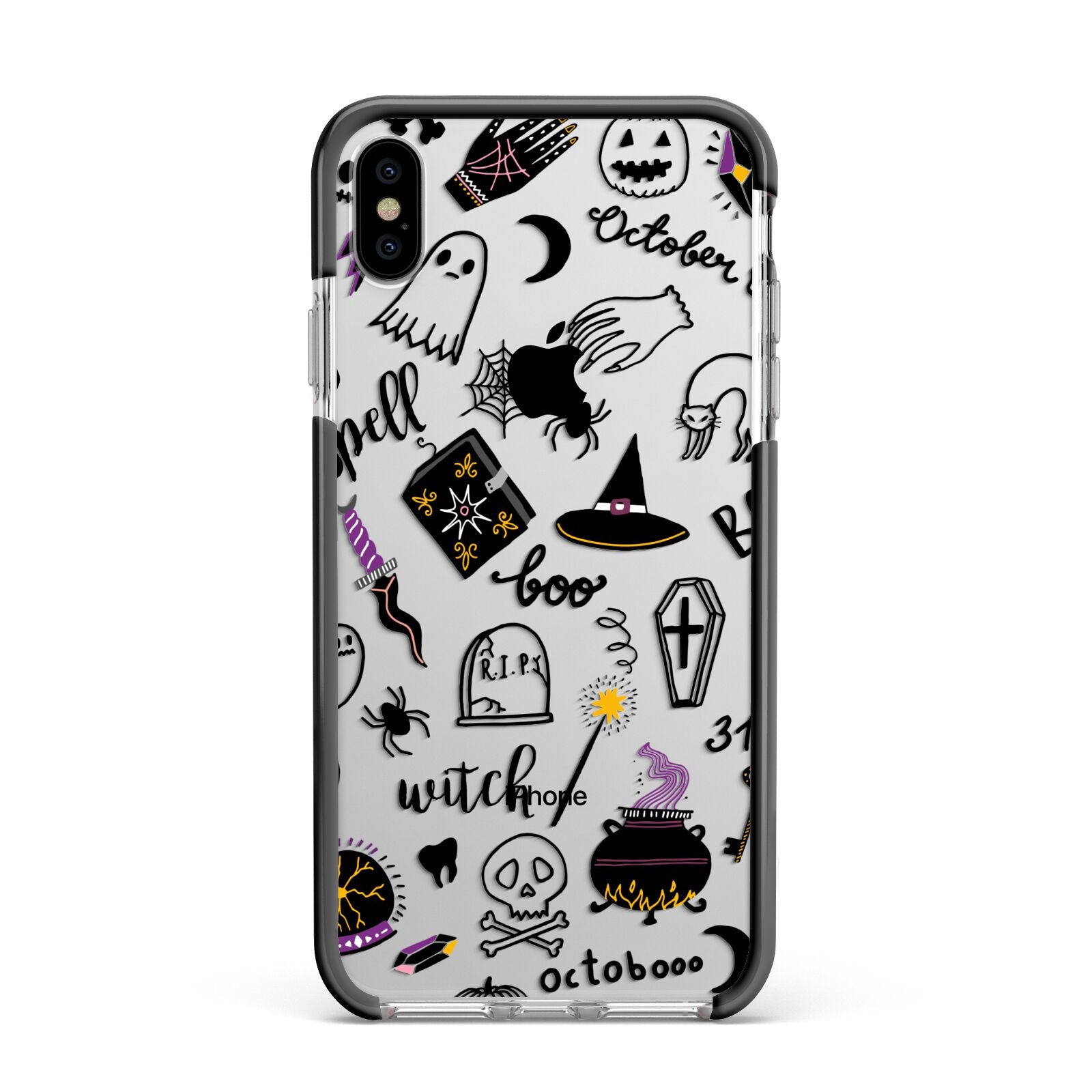 Purple and Black Halloween Illustrations Apple iPhone Xs Max Impact Case Black Edge on Silver Phone